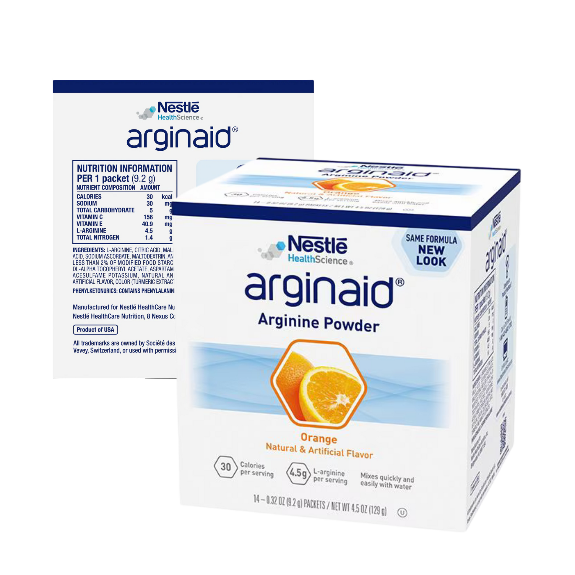 Nestle Arginaid Arginine Powder packaging on a white background