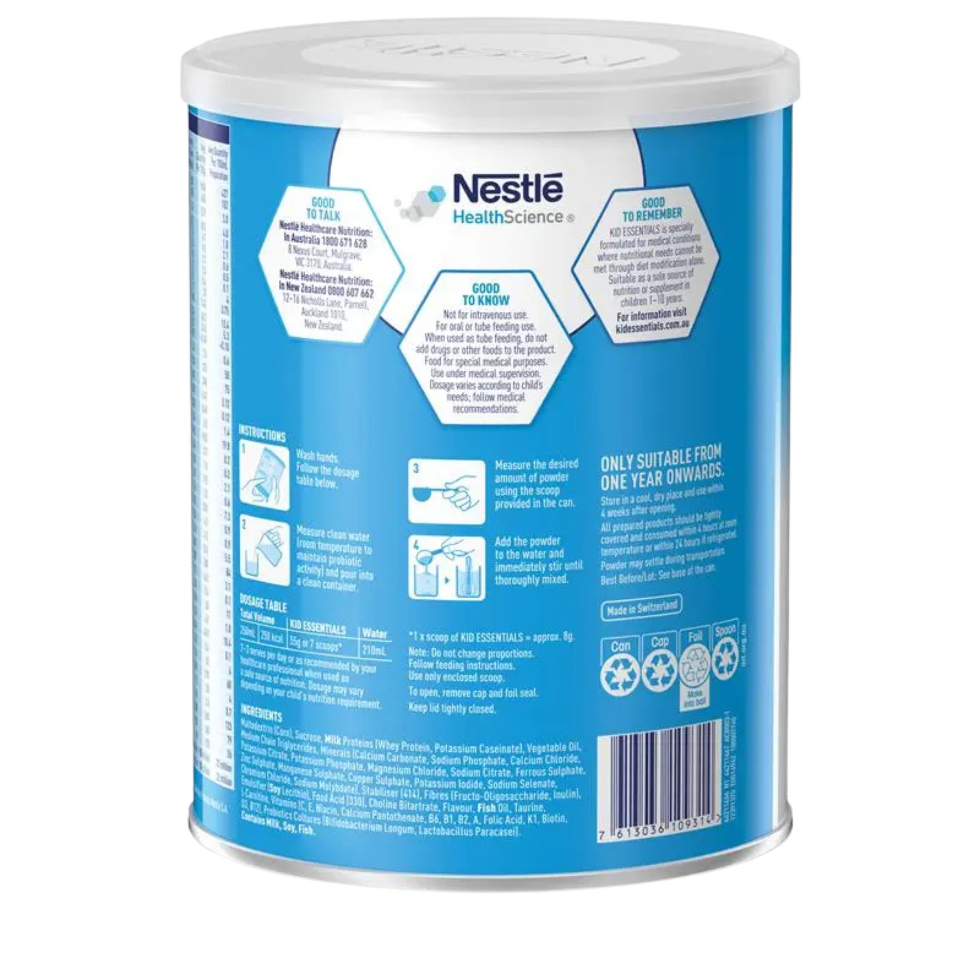 Nestle HealthScience container with blue label on a white background