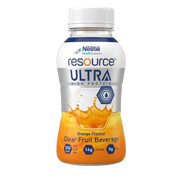 Clear orange fruit beverage in 200ml bottle, providing protein and energy support for aged care, hospital patients, and everyday nutrition.