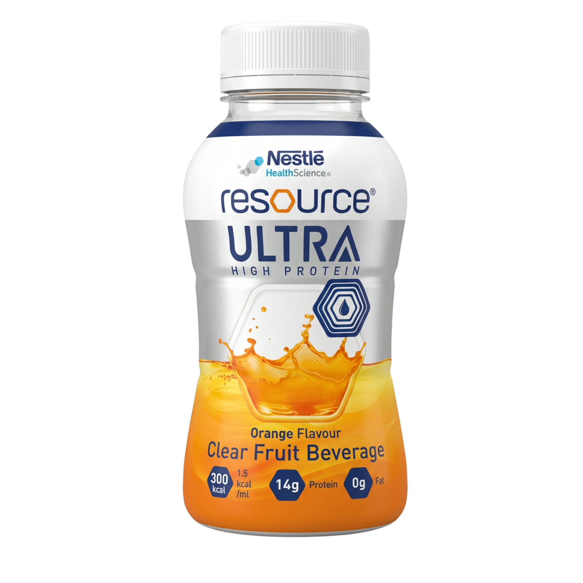 Clear orange fruit beverage in 200ml bottle, providing protein and energy support for aged care, hospital patients, and everyday nutrition.