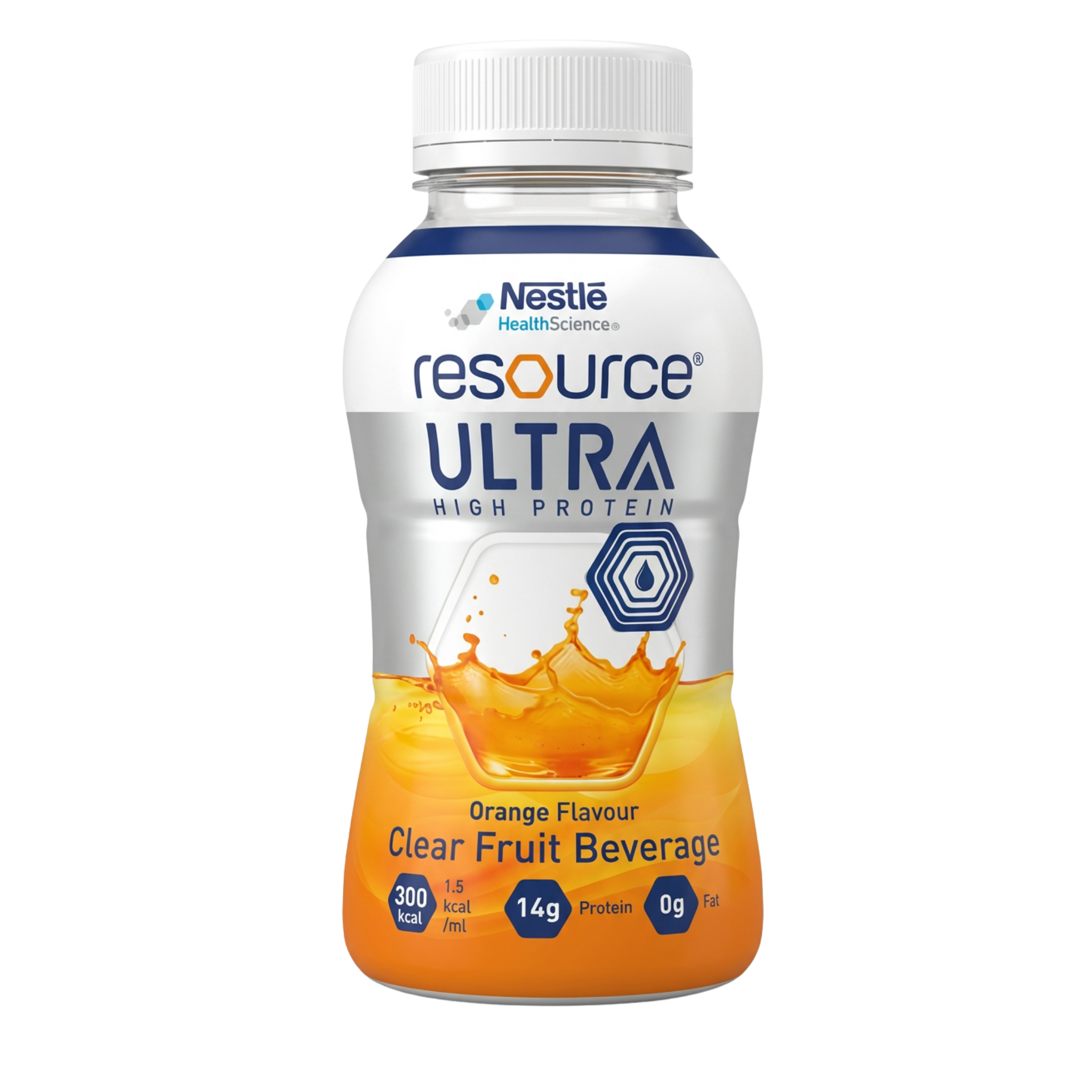 Clear orange fruit beverage in 200ml bottle, providing protein and energy support for aged care, hospital patients, and everyday nutrition.
