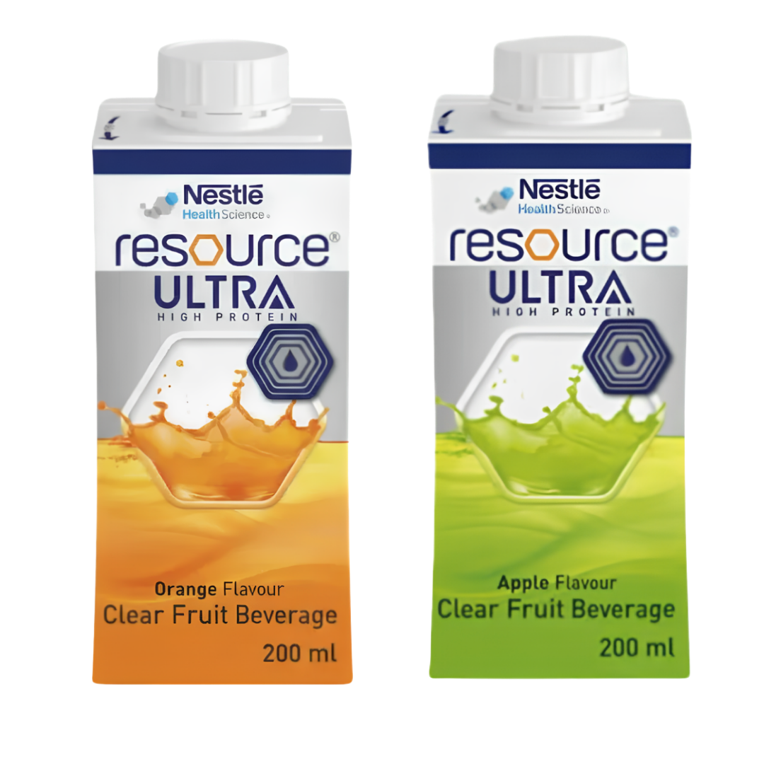Nestlé Resource Ultra Clear Fruit Beverage 200ml in orange and apple flavours, providing refreshing protein and energy support for daily nutrition.