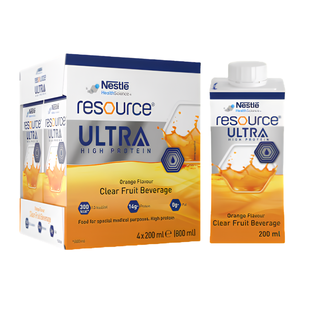Nestlé Resource Ultra Clear Fruit Beverage 200ml in orange and apple flavours, providing refreshing protein and energy support for daily nutrition.