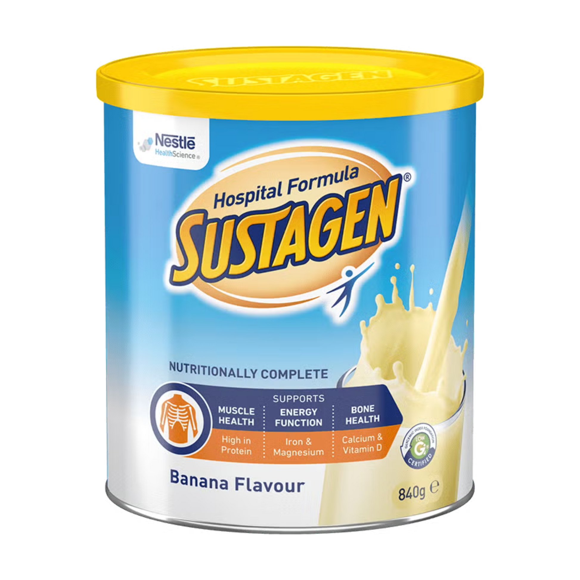 Sustagen Hospital Formula canister with yellow lid on a white background