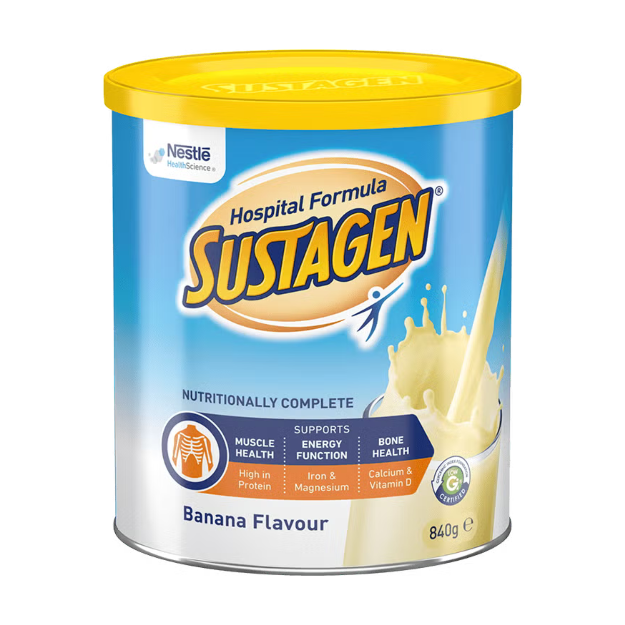 Sustagen Hospital Formula canister with yellow lid on a white background
