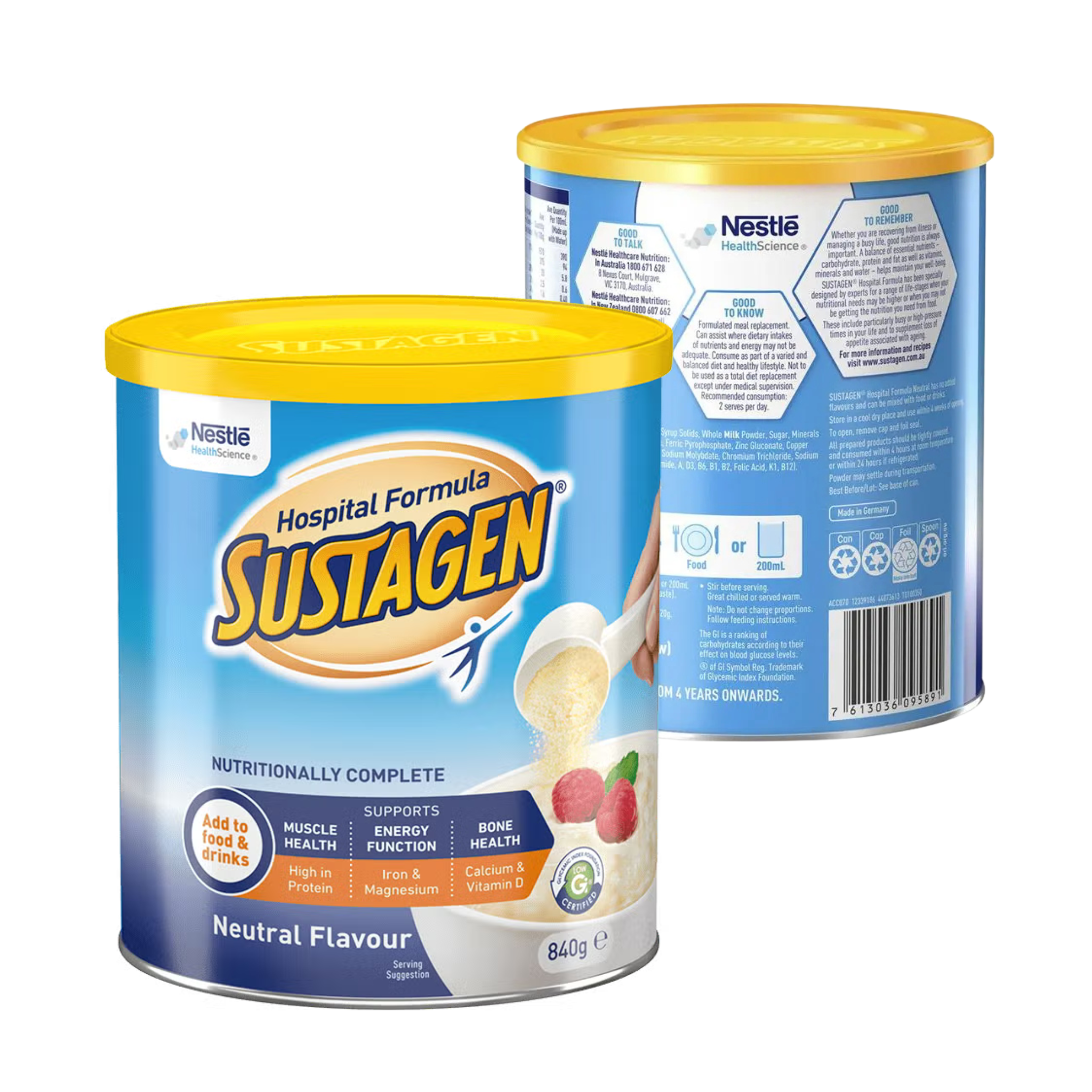 Two containers of Nestle Sustagen Hospital Formula on a white background