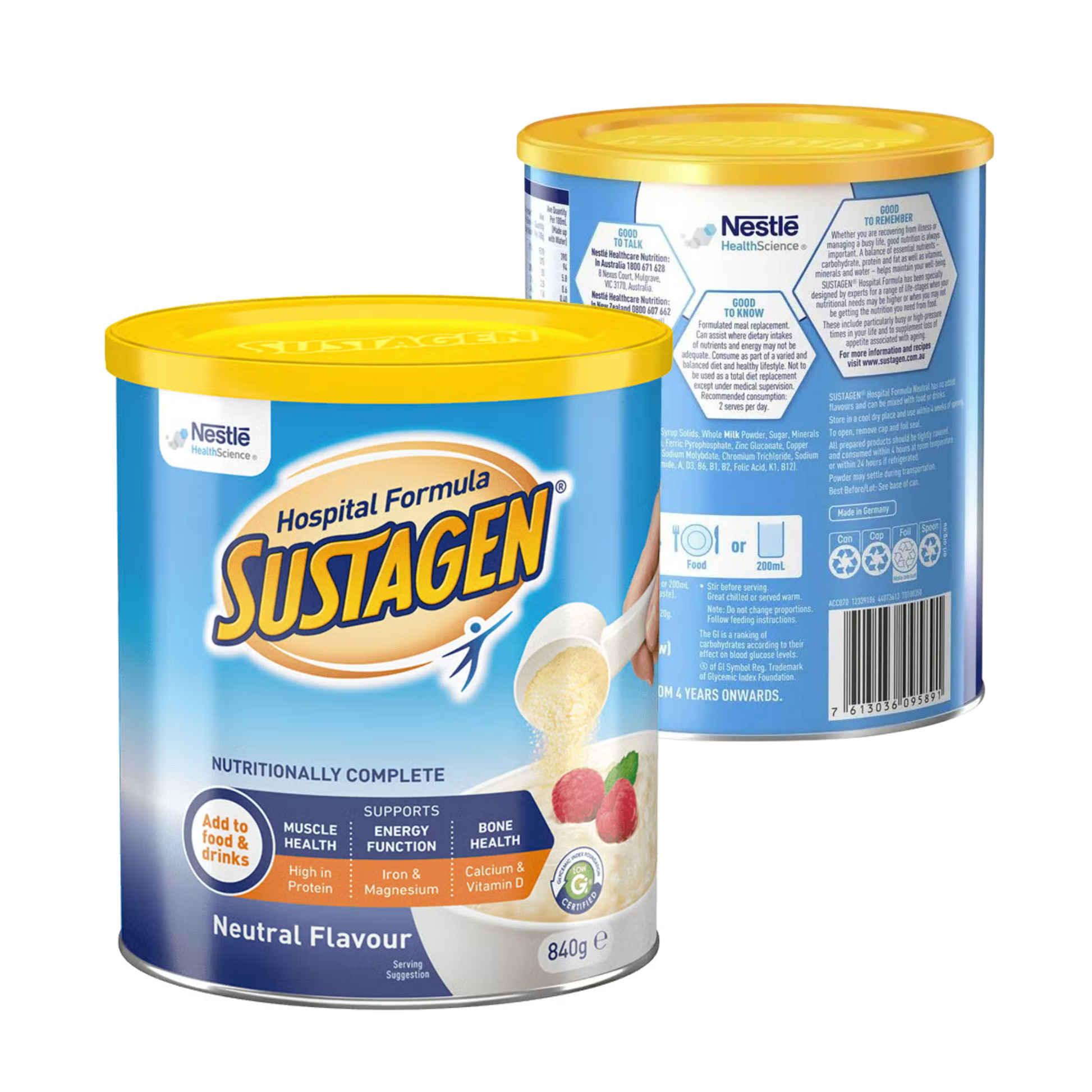 Two containers of Nestle Sustagen Hospital Formula on a white background