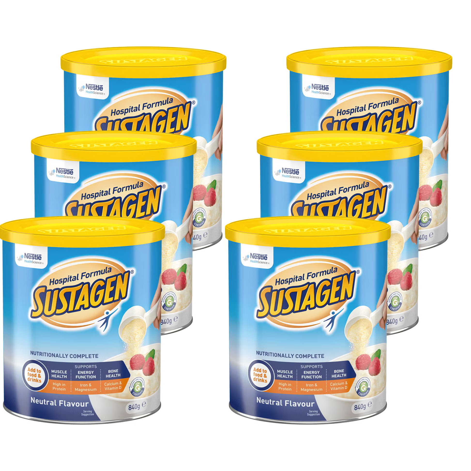 Multiple containers of Nestle Sustagen Hospital Formula on a white background