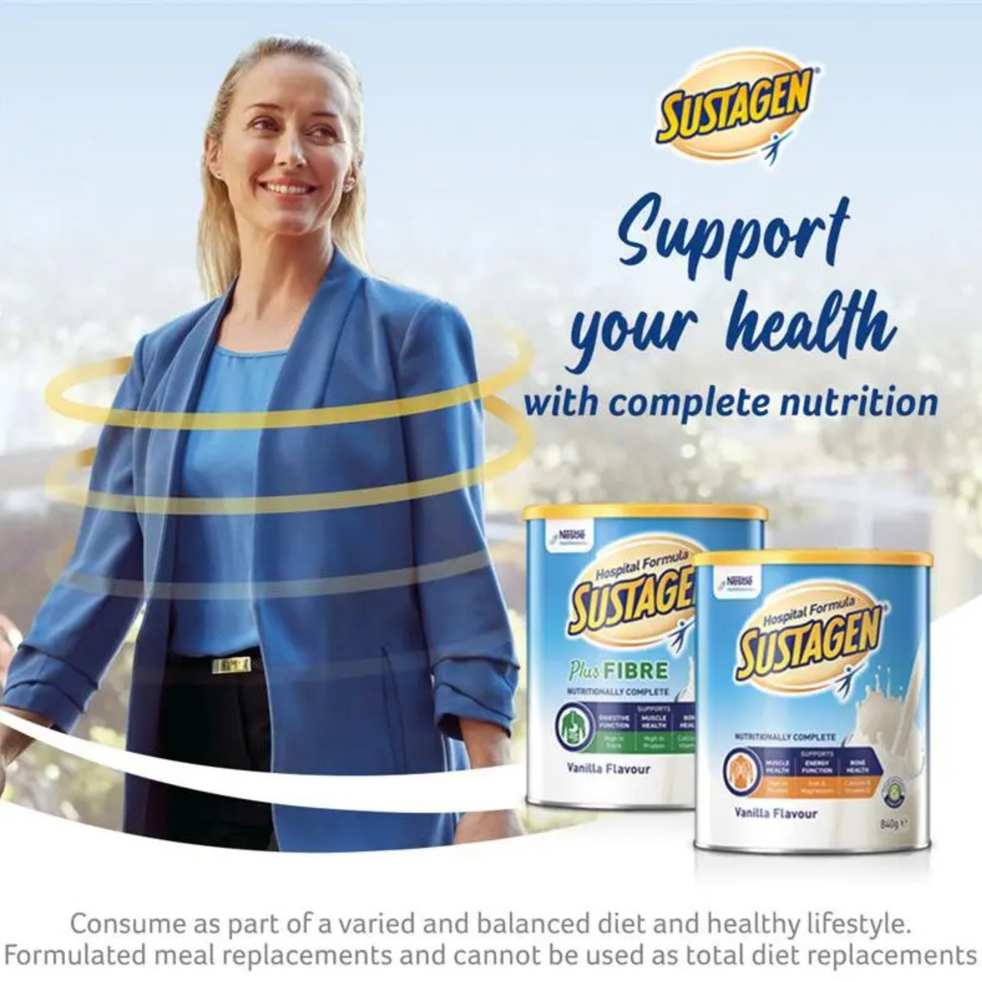 Advertisement for Sustagen with a woman in a blue jacket and two Sustagen containers on a light background.