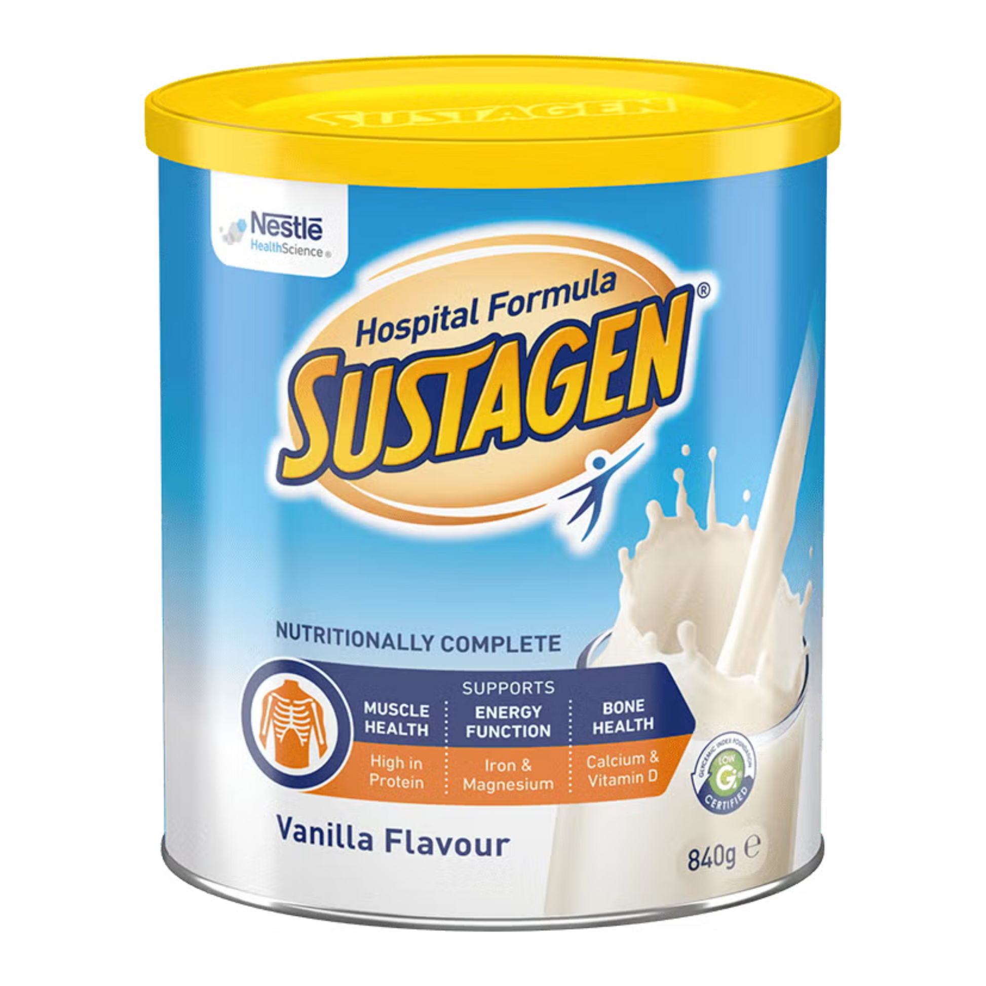 Sustagen Vanilla Flavour powder container with Nestle logo on a white background