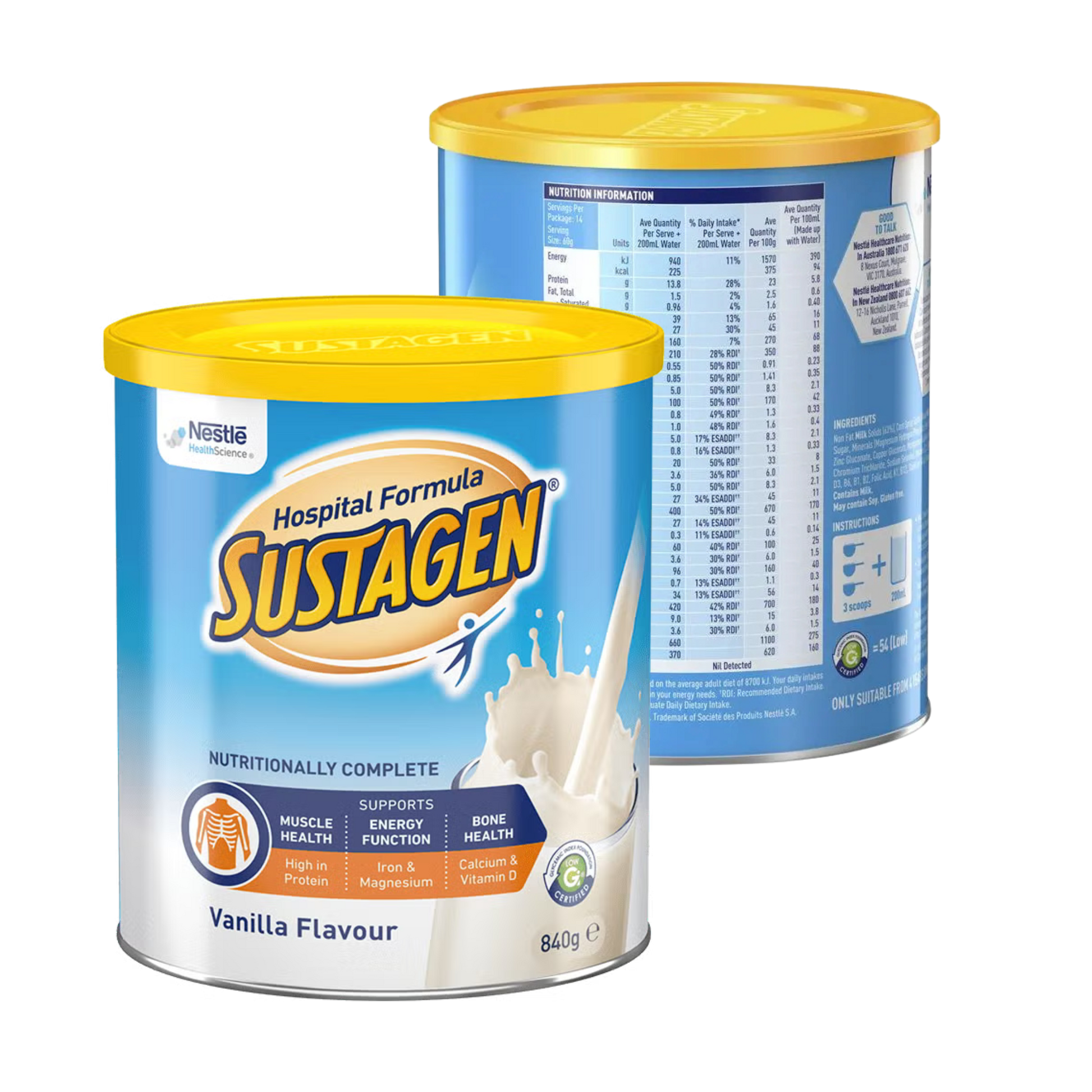 Two containers of Nestle Sustagen Hospital Formula on a white background