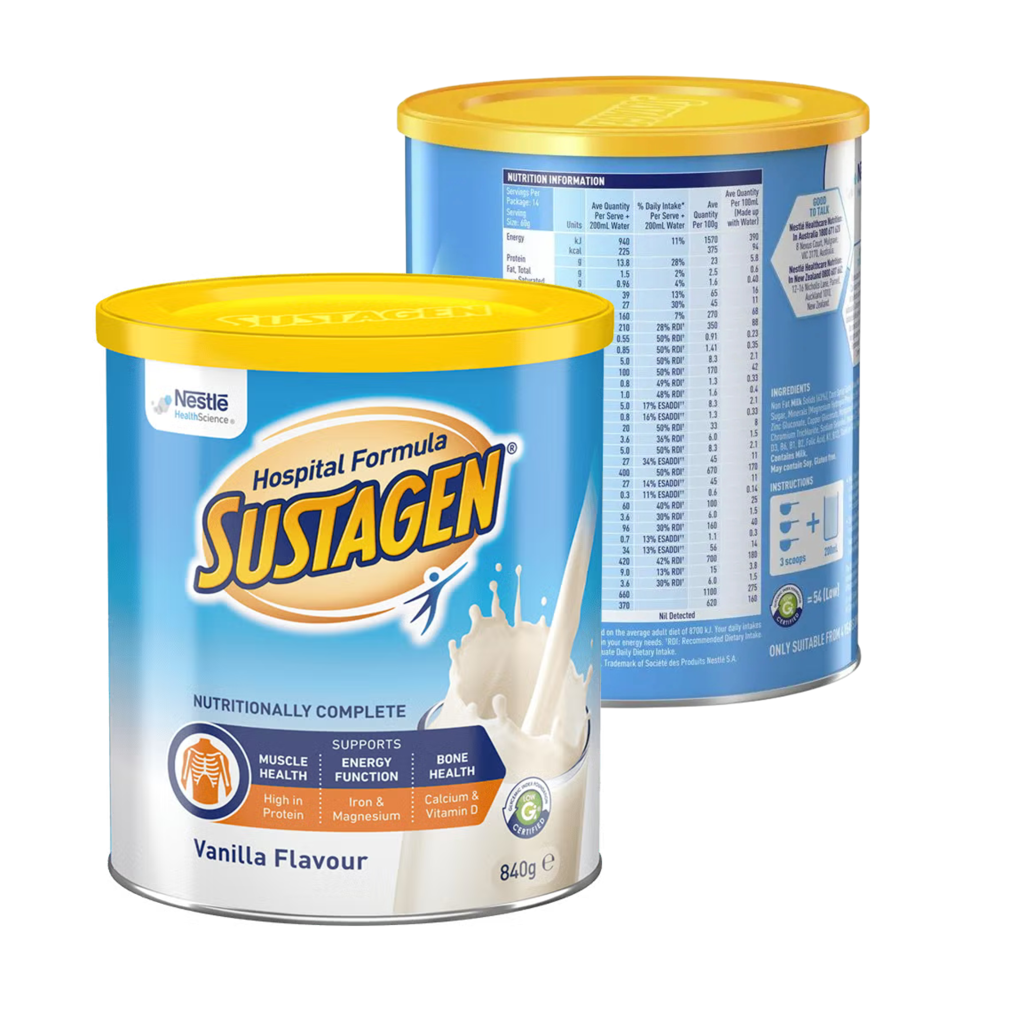 Two containers of Nestle Sustagen Hospital Formula on a white background