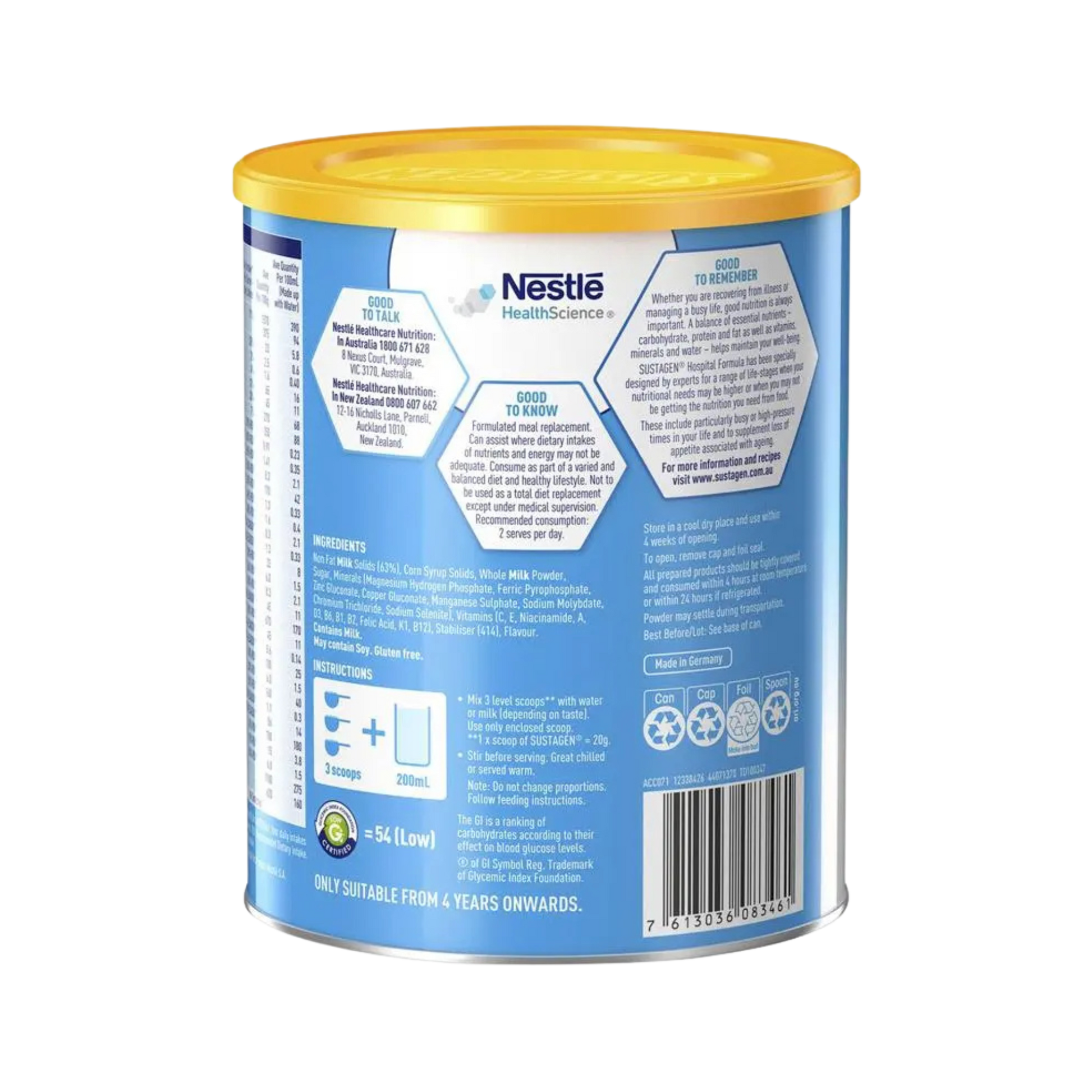Nestle HealthScience container with blue label and yellow lid on a white background