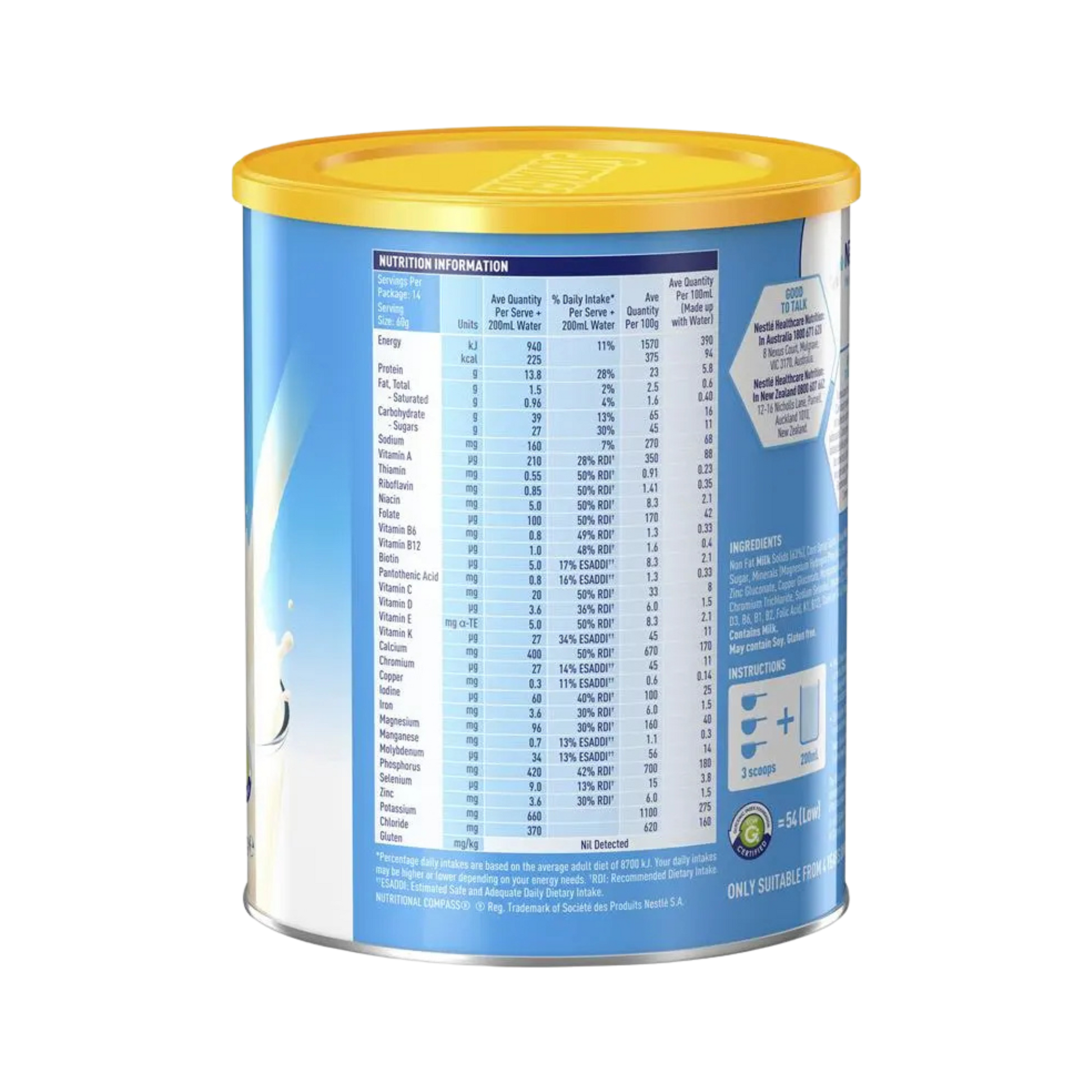 Container of baby formula with nutritional information on a white background