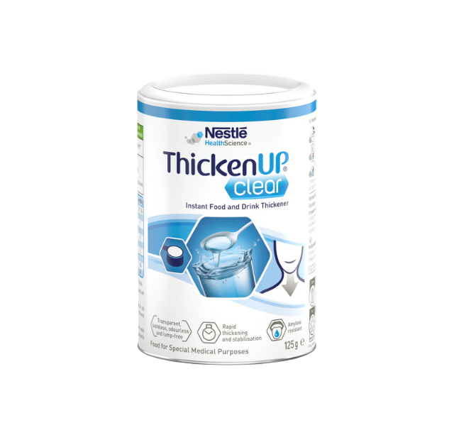 Nestle ThickenUp Clear instant food and drink thickener container on a white background