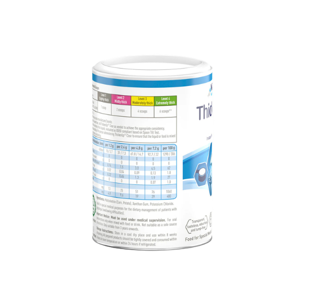 Container of thickened food with nutritional information on a white background