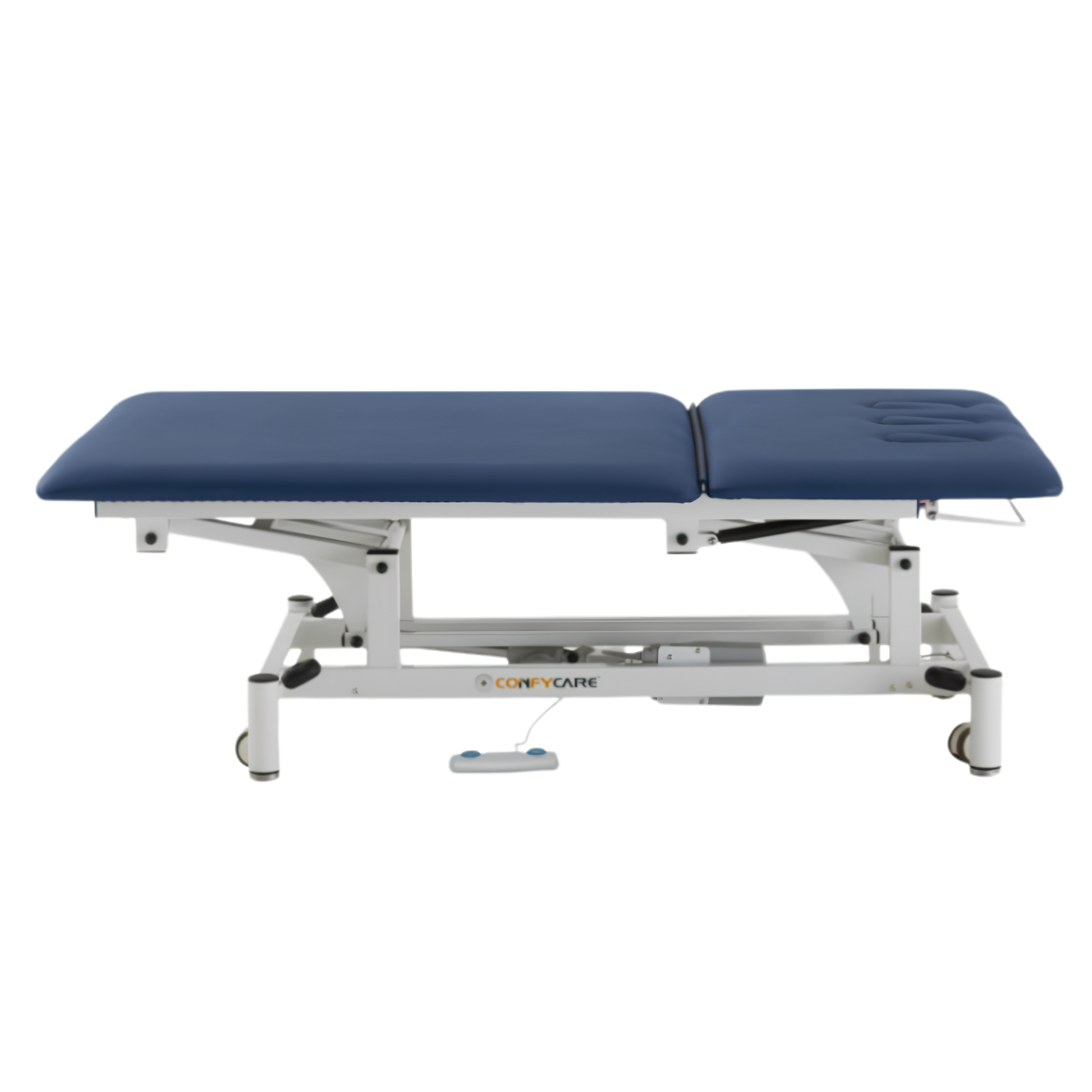 Side profile of a ComfyCare electric two-section Bobath plinth featuring navy blue upholstery, a white metal frame, and a foot-switch for height adjustment.