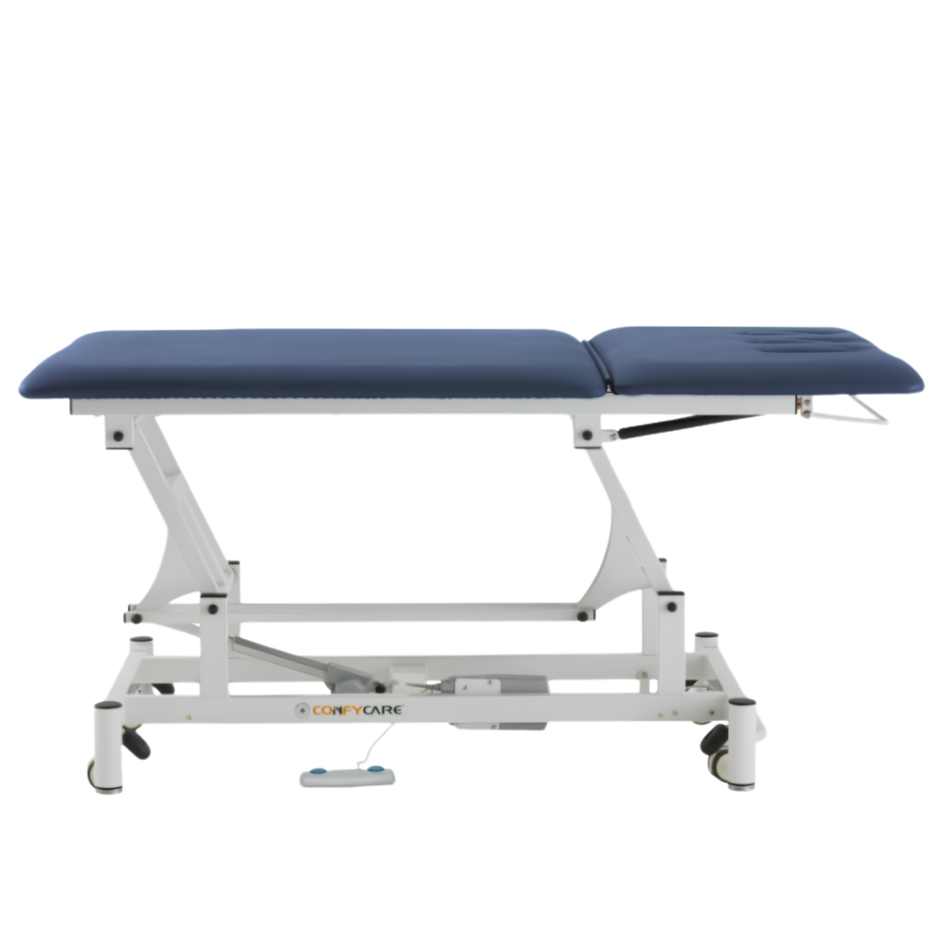 Side view of a navy blue two-section ComfyCare electric therapy table with a wide surface and adjustable headrest.