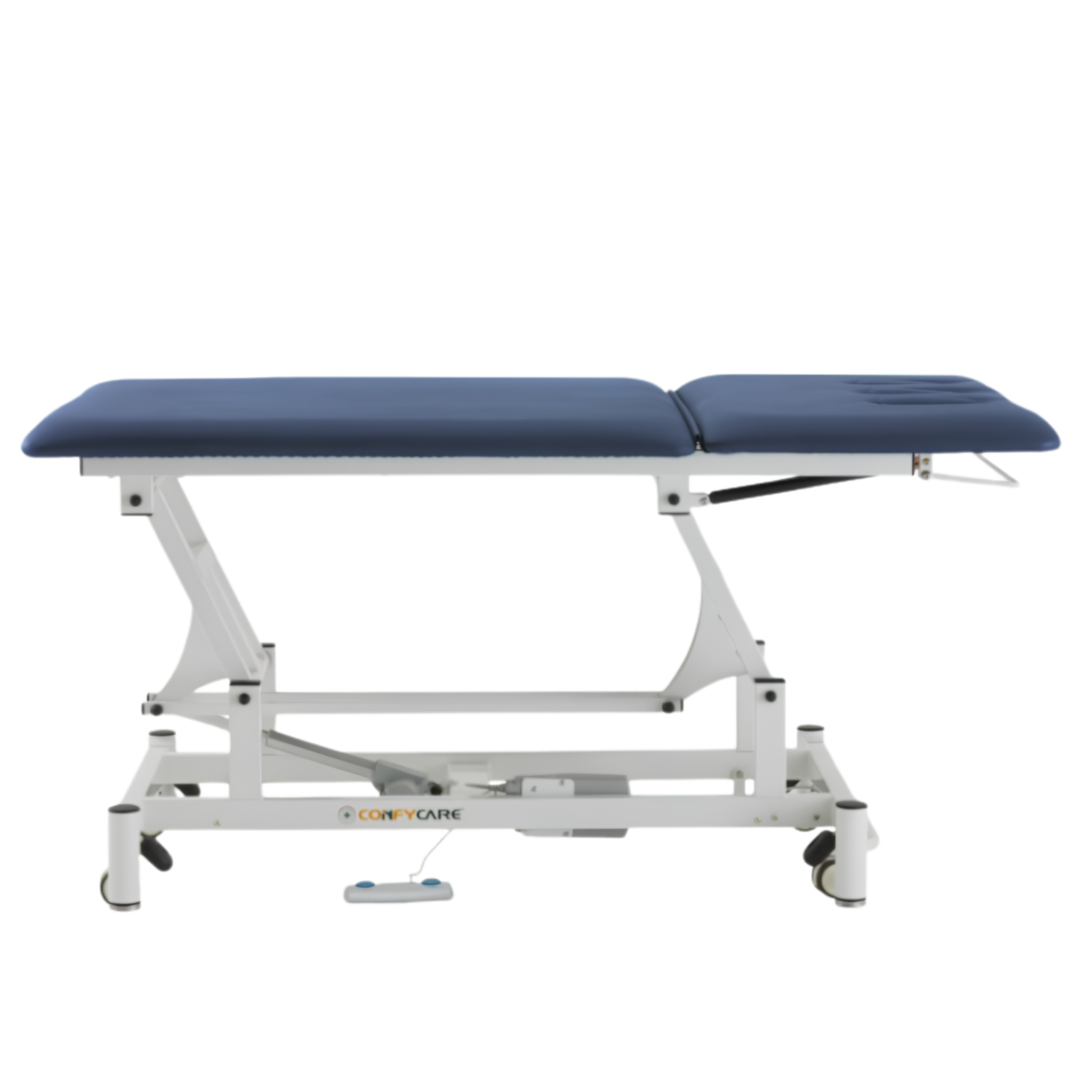 Side view of a navy blue two-section ComfyCare electric therapy table with a wide surface and adjustable headrest.