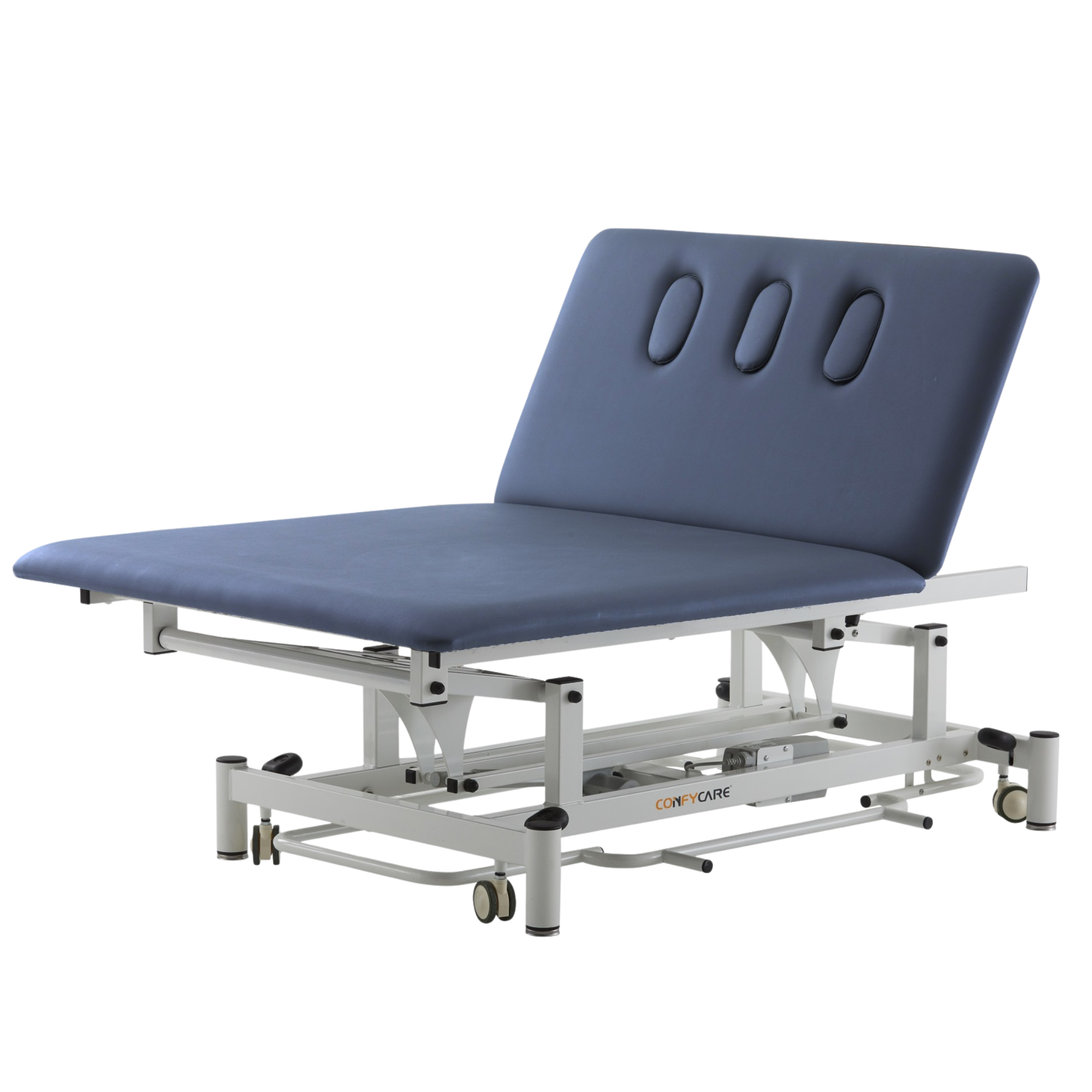Two-section ComfyCare electric Bobath plinth in navy blue with an adjustable backrest featuring three padded indentations and a white metal frame.