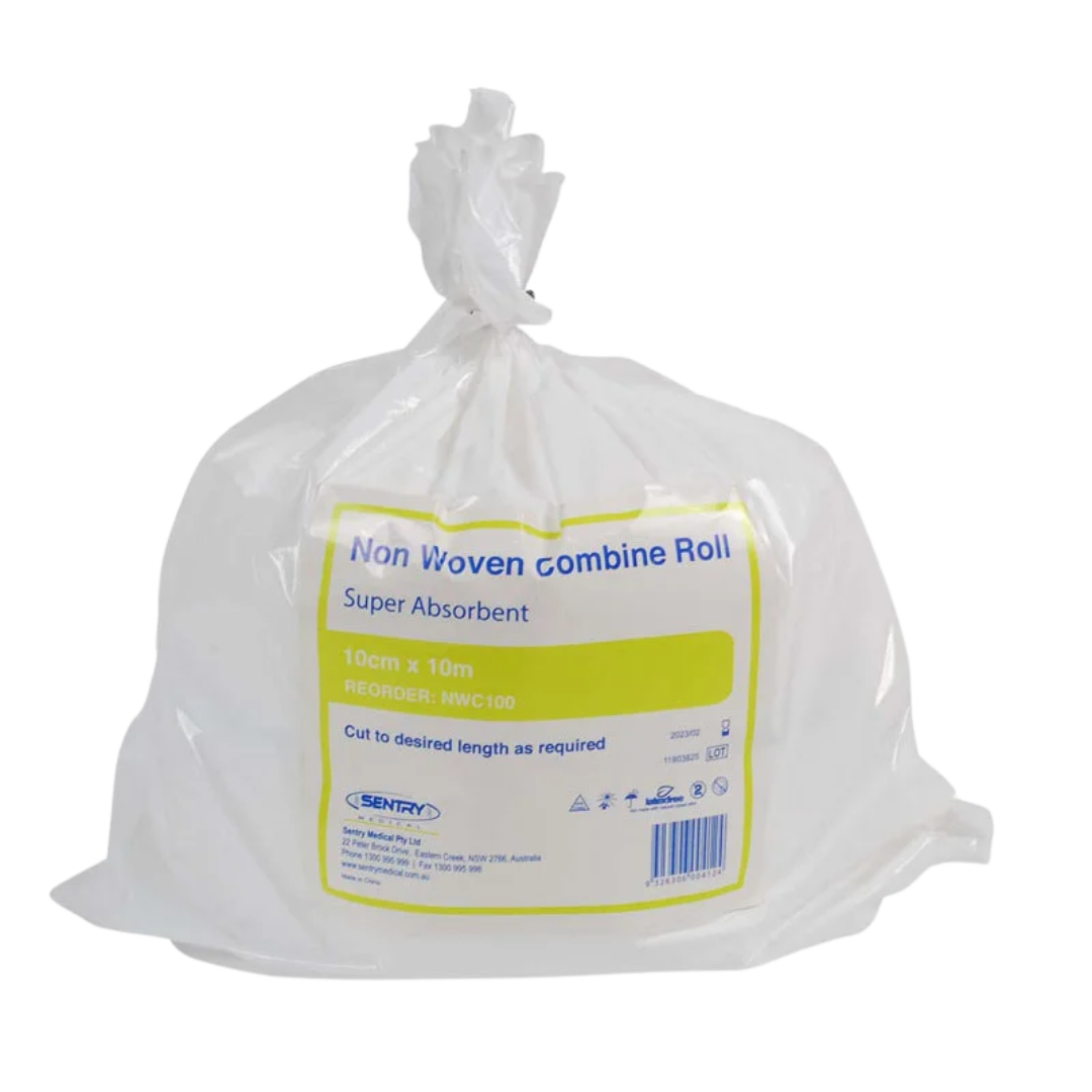 Non-Woven Combine Dressing Roll in white, cut-to-size and highly absorbent, designed for wound care and fluid management in hospitals, aged care, and home healthcare settings.