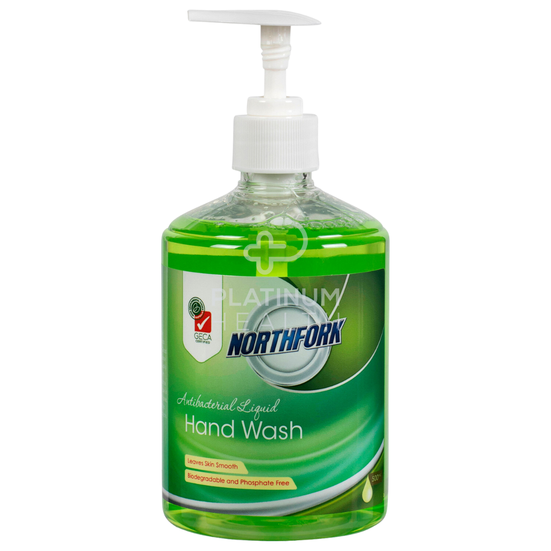 A pump bottle of Northfork GECA Liquid Hand Wash Antibacterial with a green label, 500ml size.