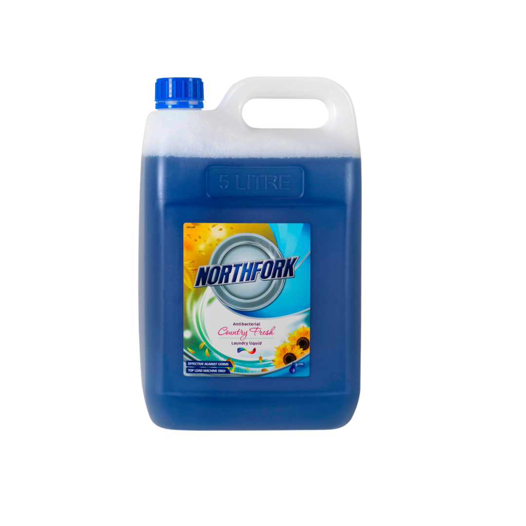A blue plastic container of Northfork Laundry Liquid Antibacterial with a white label featuring product information and branding.