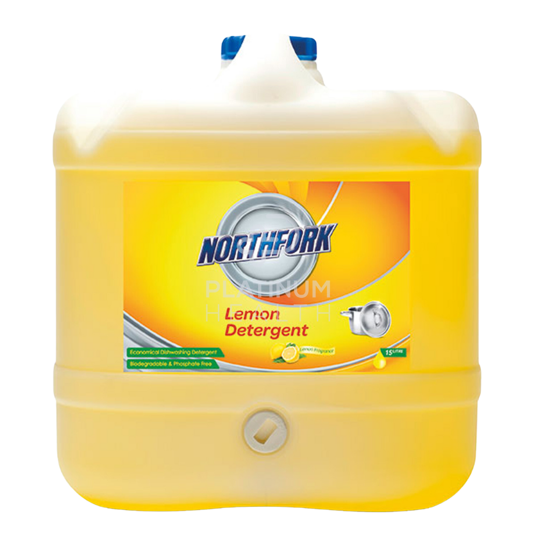 A yellow plastic container of Northfork Lemon Detergent with branding and product information on the label.