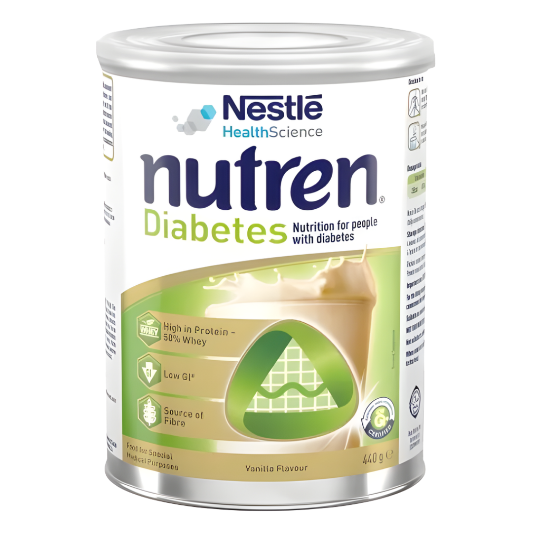 Nutren Diabetes Vanilla 440g low‑GI nutritional powder designed to support stable blood glucose levels and provide balanced daily nutrition for diabetes management.