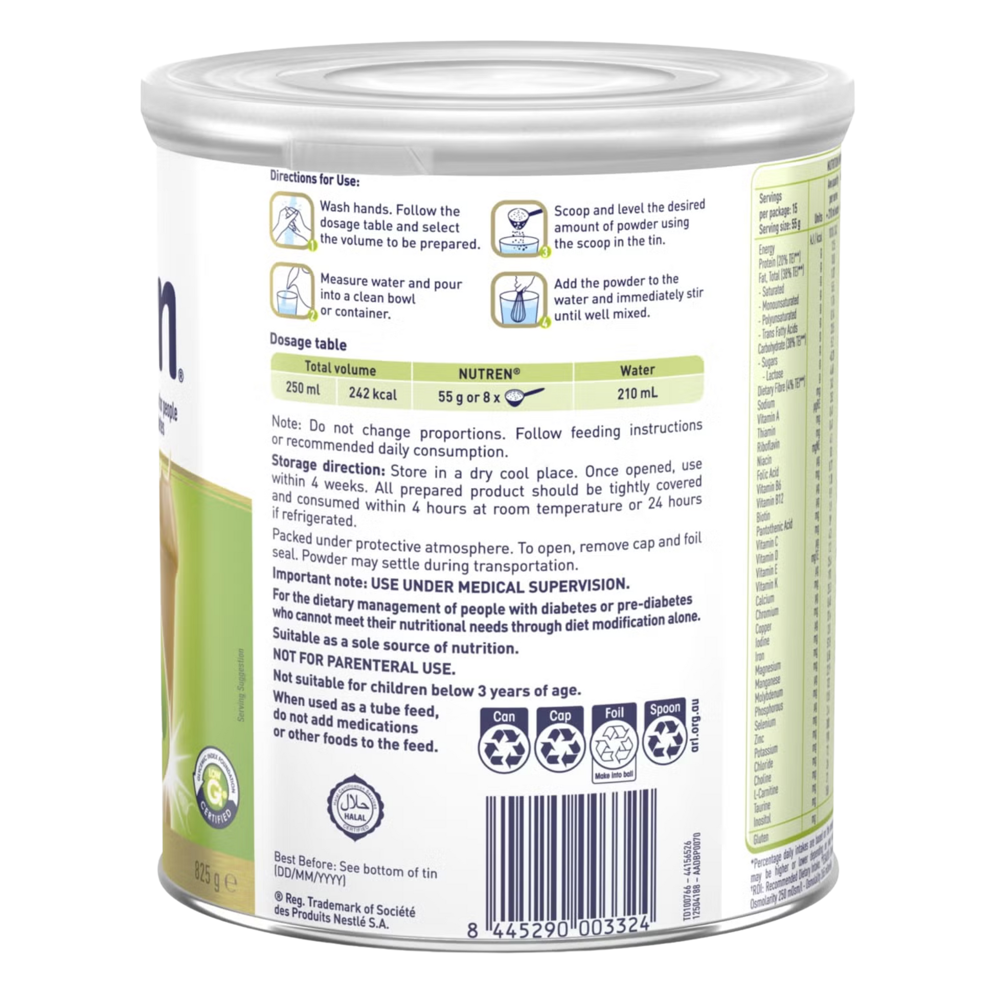 Nutritional supplement can with label and instructions on a white background