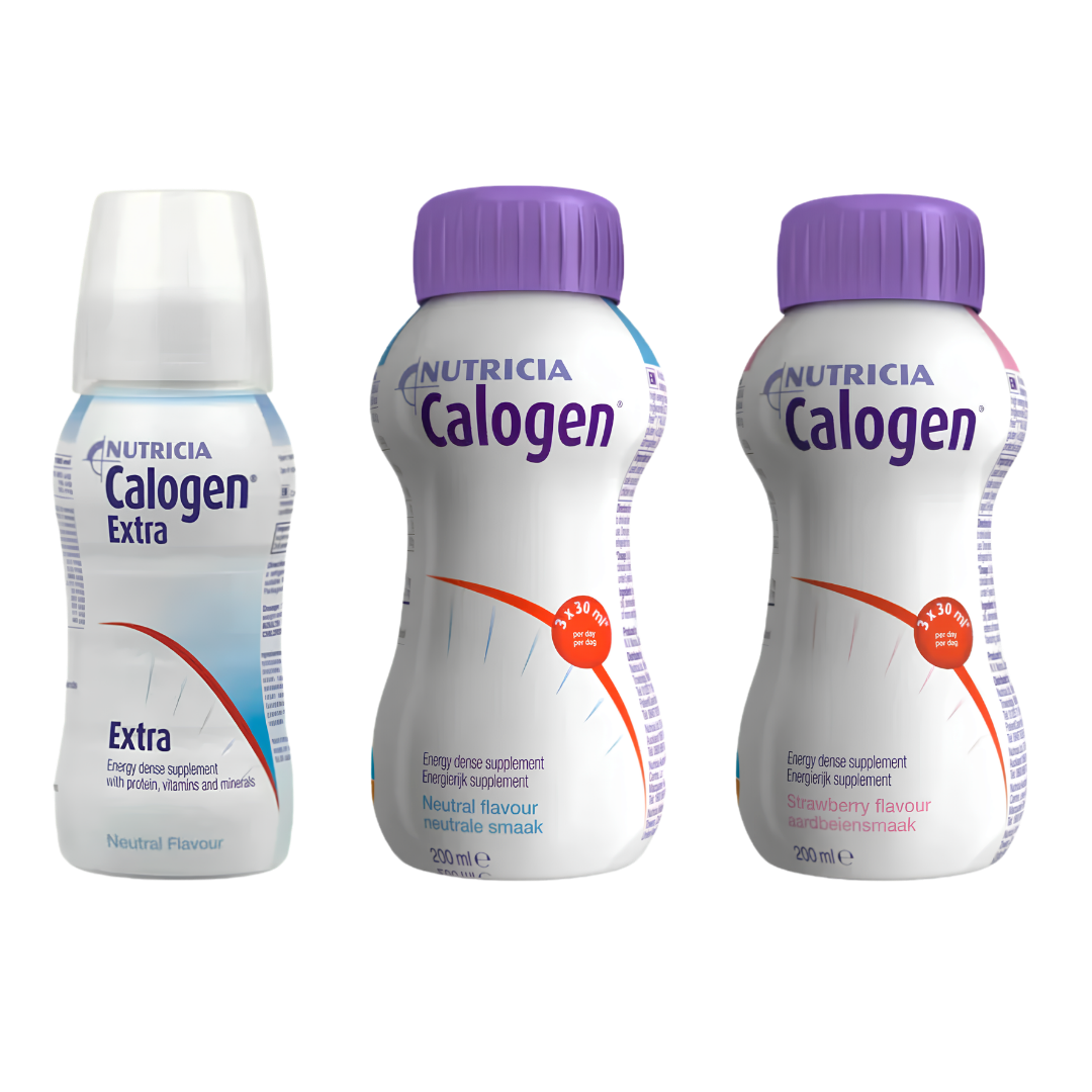 Calogen oral nutritional supplement in Neutral and Strawberry 200 mL, high‑energy formula providing 4.5 kcal/mL for patients needing concentrated nutrition.
