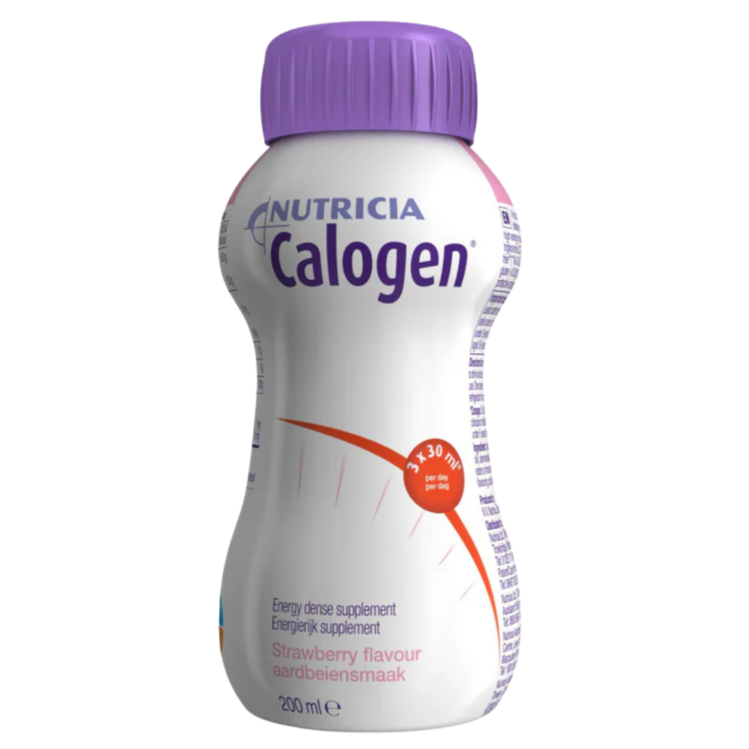 Calogen oral nutritional supplement in Neutral and Strawberry 200 mL, high‑energy formula providing 4.5 kcal/mL for patients needing concentrated nutrition.