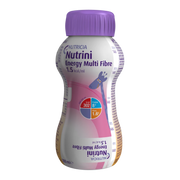 A plastic bottle of Nutrini Energy Multi Fibre, a high energy, fiber-enriched enteral tube feed for children.