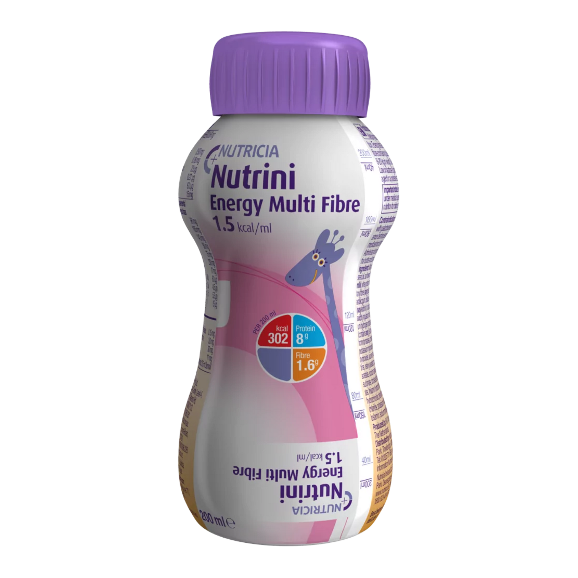 A plastic bottle of Nutrini Energy Multi Fibre, a high energy, fiber-enriched enteral tube feed for children.