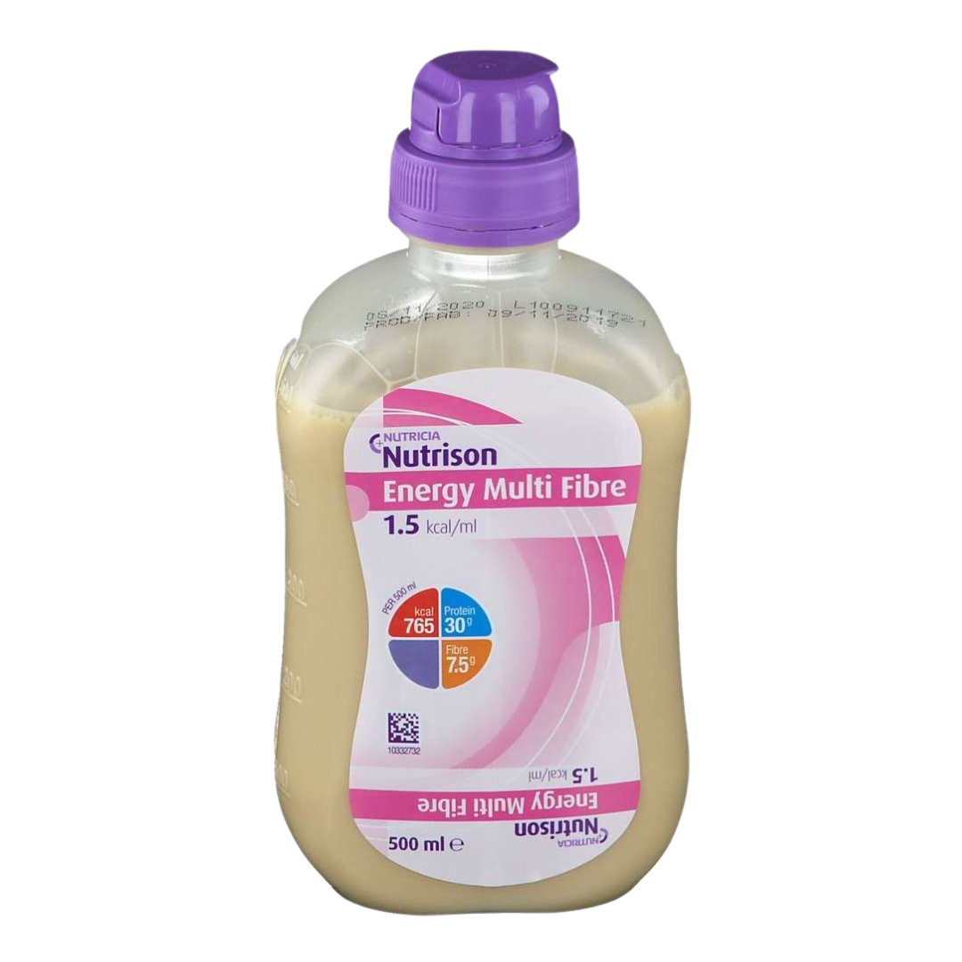 Nutrison Energy Multi Fibre 500ml Bottle – high-calorie enteral nutrition with fibre, suitable for tube feeding and complete dietary support.