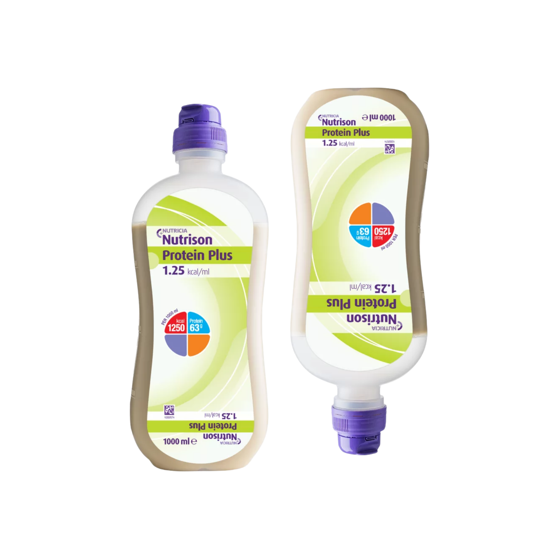 Two 1000ml Nutricia Nutrison Protein Plus OpTri bottles with purple caps displaying front and back labels, featuring dual-oriented text for upright and hanging enteral feeding systems.