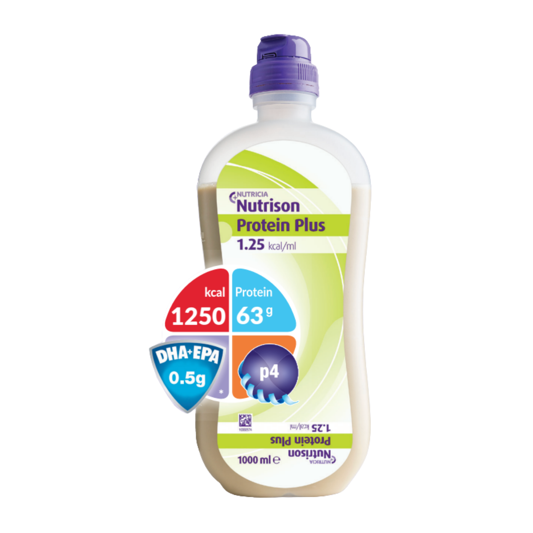 Nutricia Nutrison Protein Plus 1000ml OpTri bottle with key nutritional highlights including 1250 kcal, 63g protein, and 0.5g DHA+EPA.