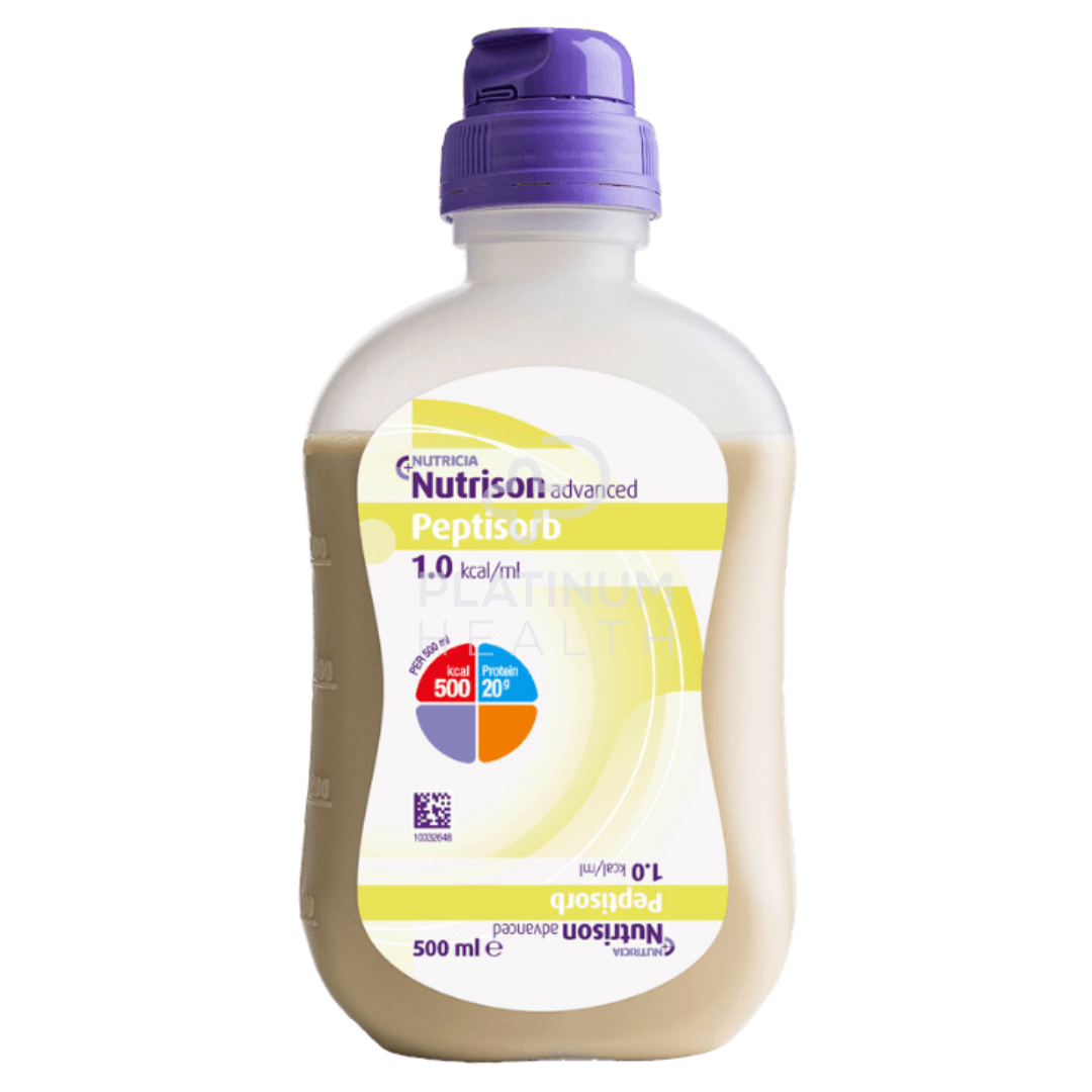 A plastic bottle of Nutrison Advanced Peptisorb, a medical food product, with a purple cap and a label that includes the product name, volume, and indication that it is 'Advanced Nutrition' and 'Gentle on the Gut'.