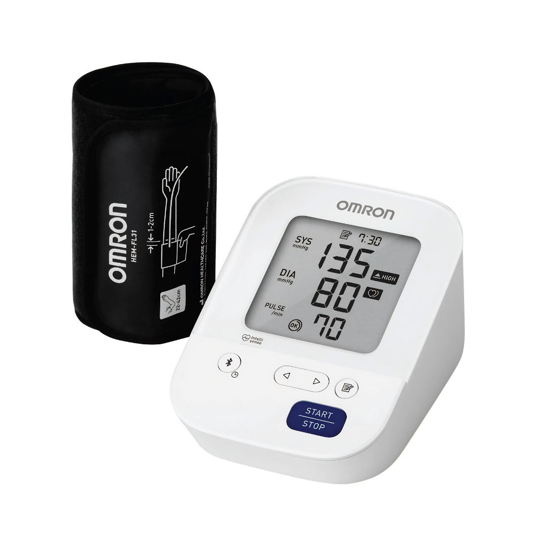 Omron HEM7156T blood pressure monitor with IntelliWrap cuff and Bluetooth connectivity for accurate home and clinical use.