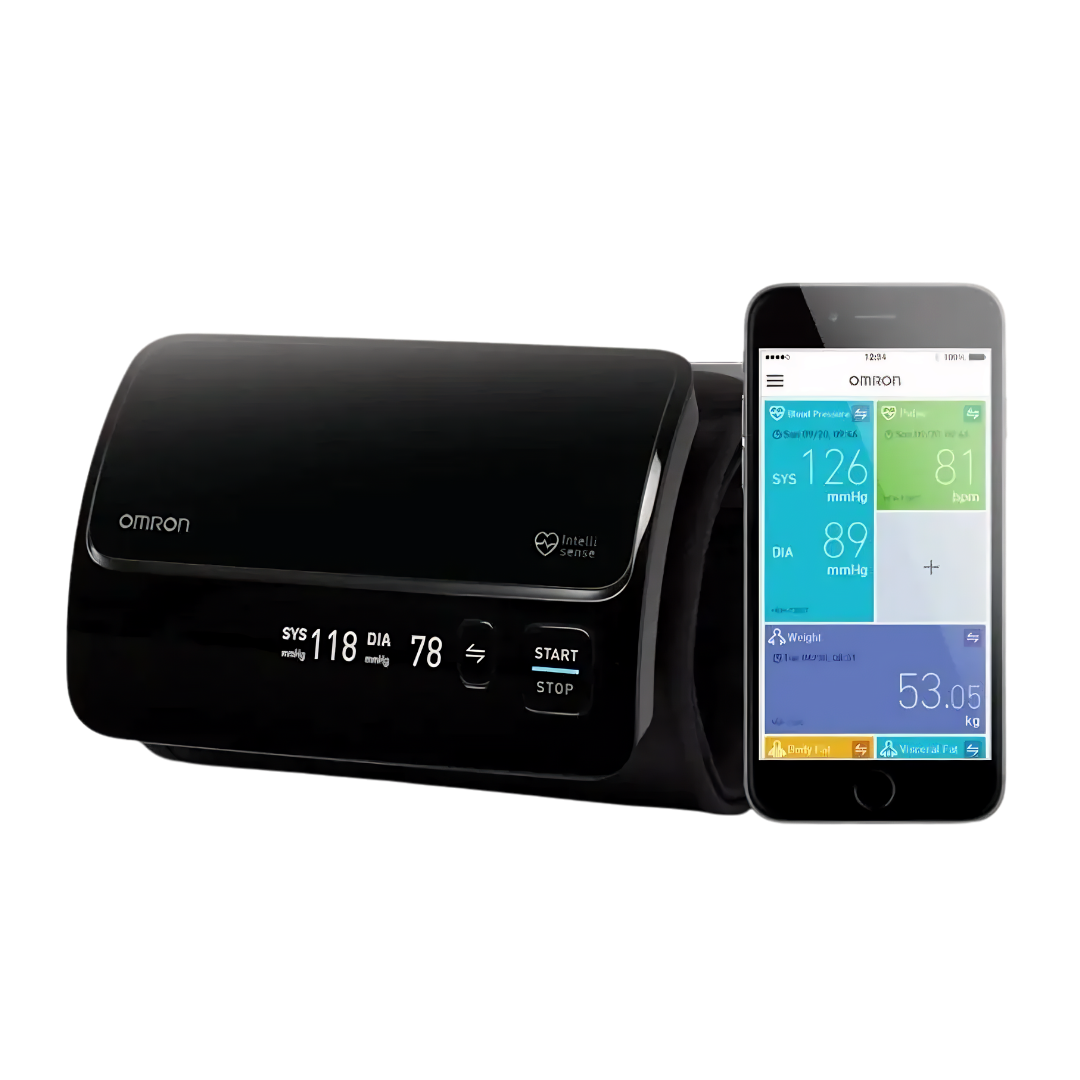 Omron Smart Elite Plus HEM7600T blood pressure monitor with tubeless IntelliWrap cuff and Bluetooth for accurate, comfortable home monitoring.