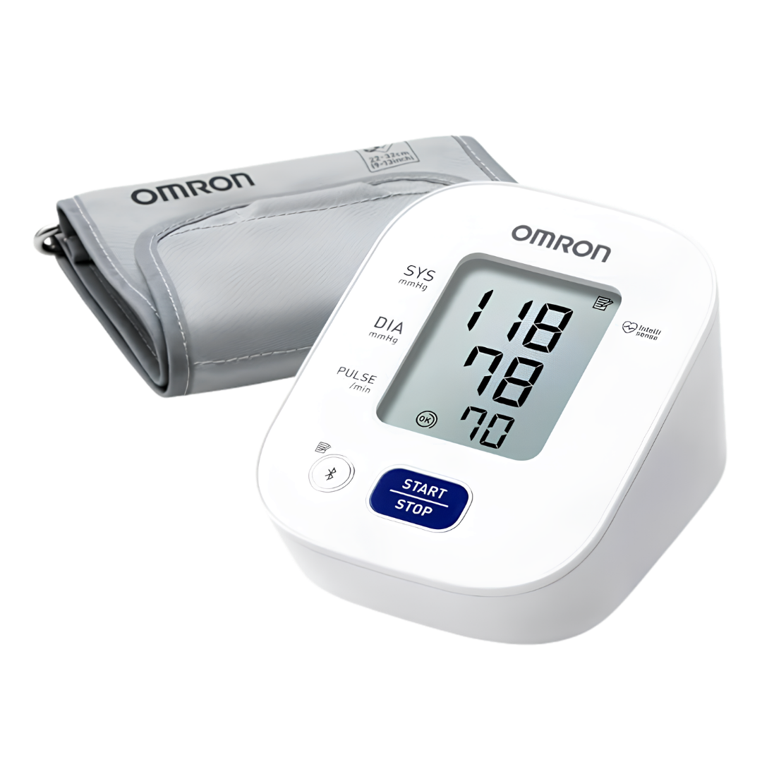 Omron HEM7142T1 Bluetooth Blood Pressure Monitor with medium cuff, compact design, and app connectivity for accurate home health tracking.