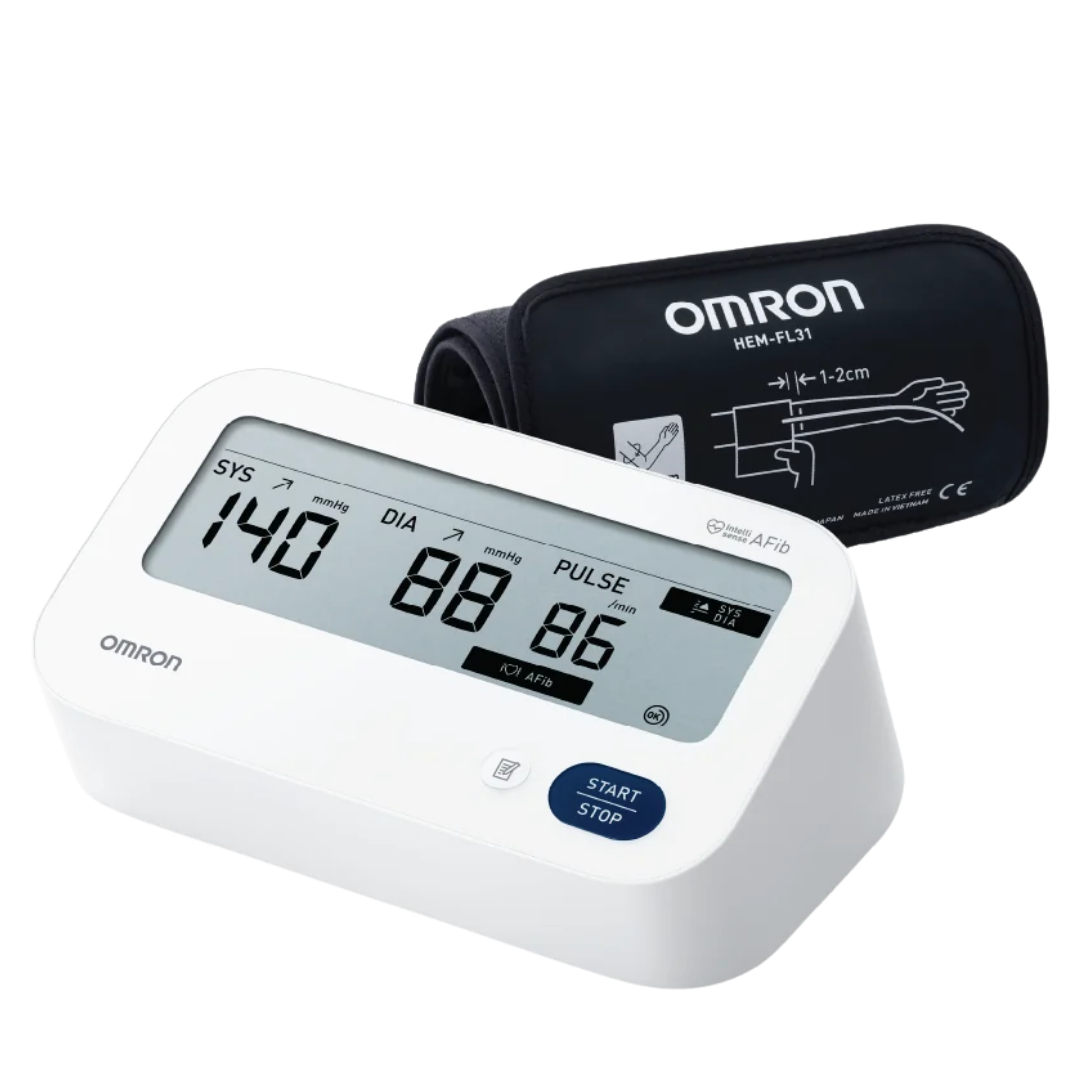 Omron Sphyg Hem7193Fl Bluetooth blood pressure monitor with cuff, designed for accurate readings and easy tracking in home and aged care settings.
