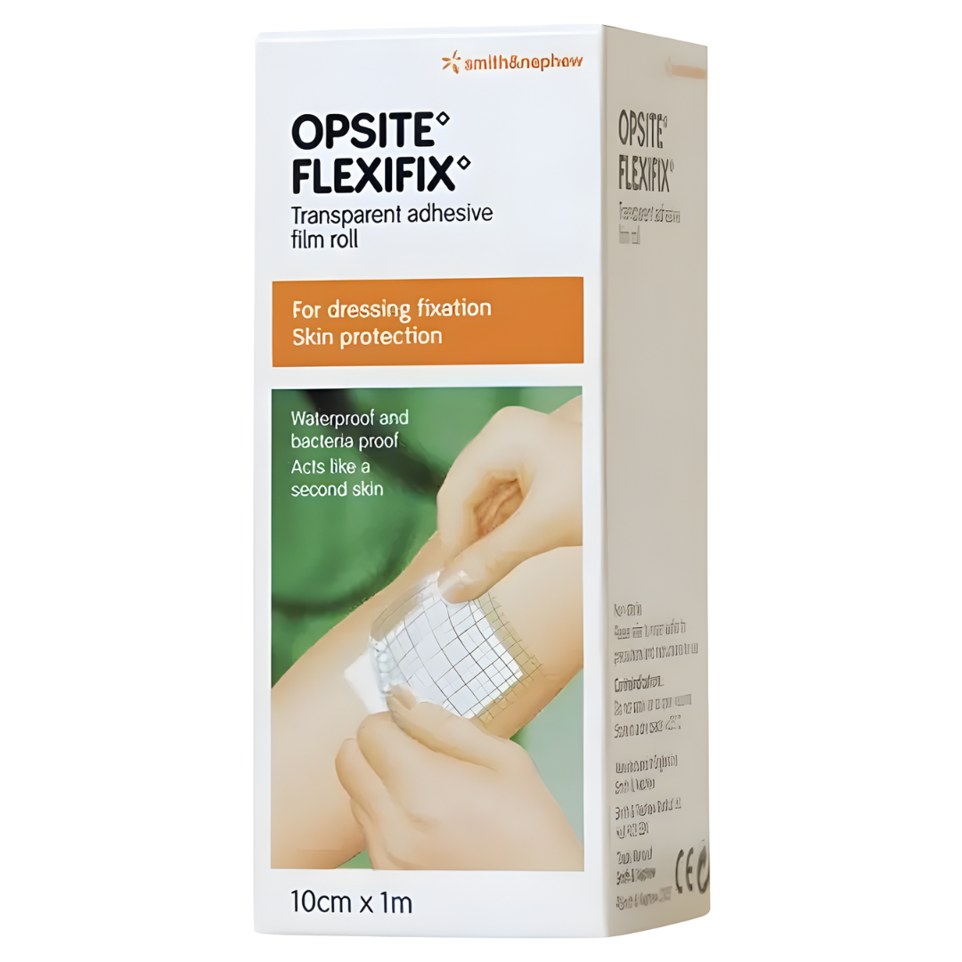 Opsite Flexifix is a transparent, flexible film roll (10cm x 1m) used for secure dressing fixation, offering waterproof protection and breathability for wounds.