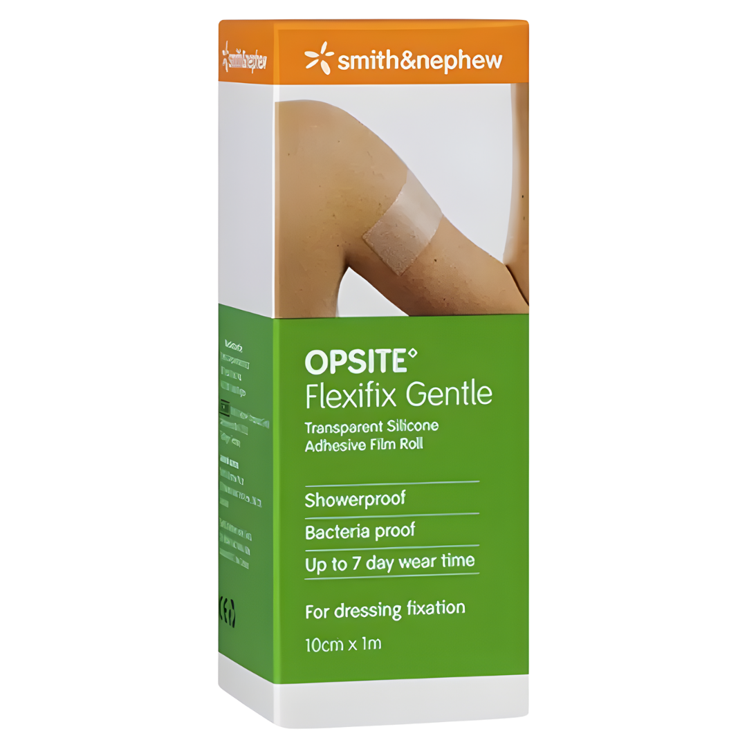 Opsite Flexifix is a transparent, flexible film roll (10cm x 1m) used for secure dressing fixation, offering waterproof protection and breathability for wounds.