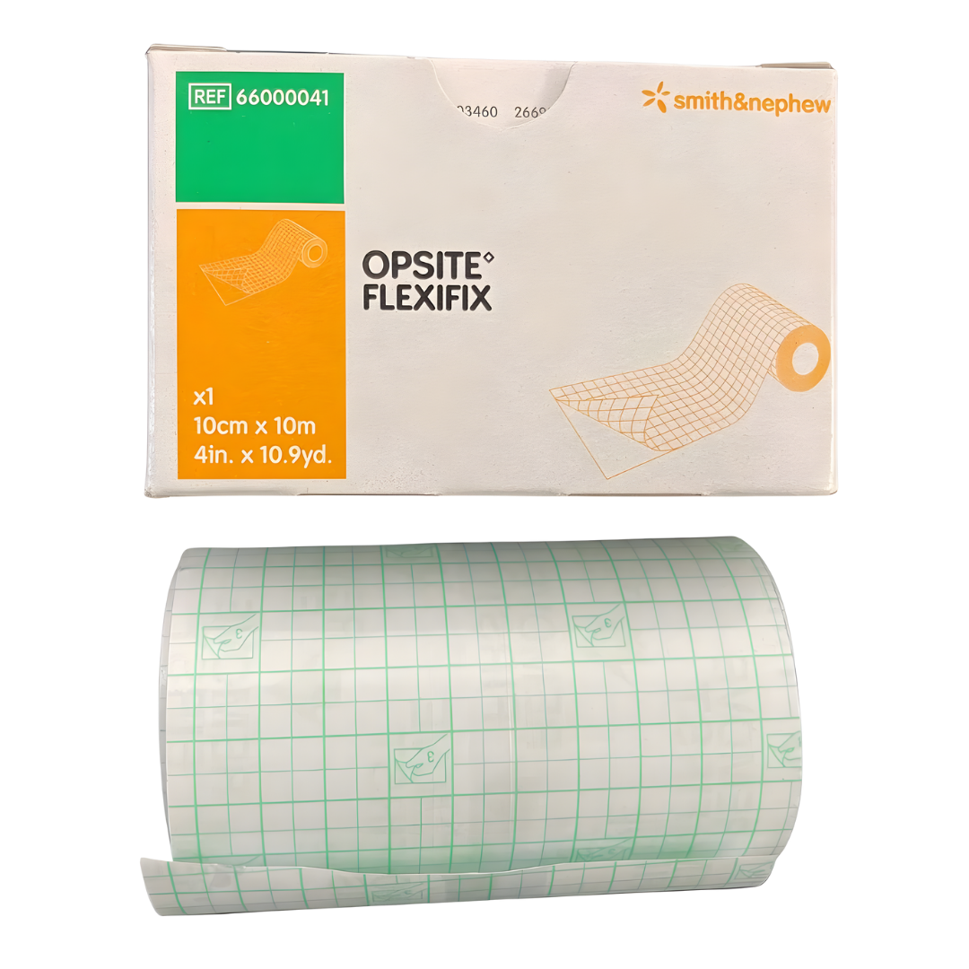 Opsite Flexifix Transparent Film Roll in 5cm and 10cm widths, providing flexible, breathable, waterproof fixation for dressings, tubing, and sensitive skin areas.
