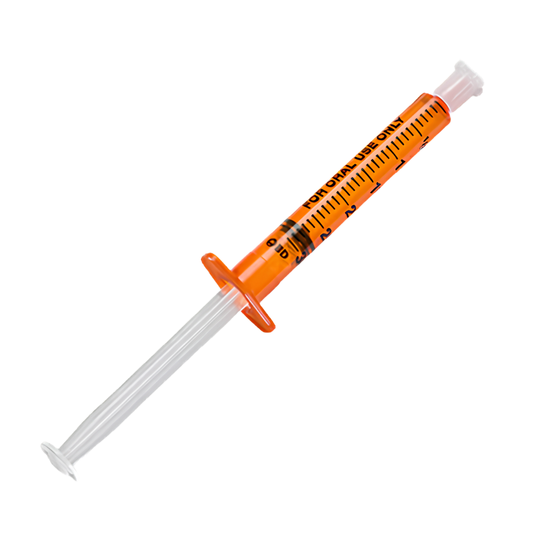 3ml Oral Med Syringe Amber by Cardinal Health, box of 100, clear scale for accurate dosing, protects light‑sensitive liquid medications.
