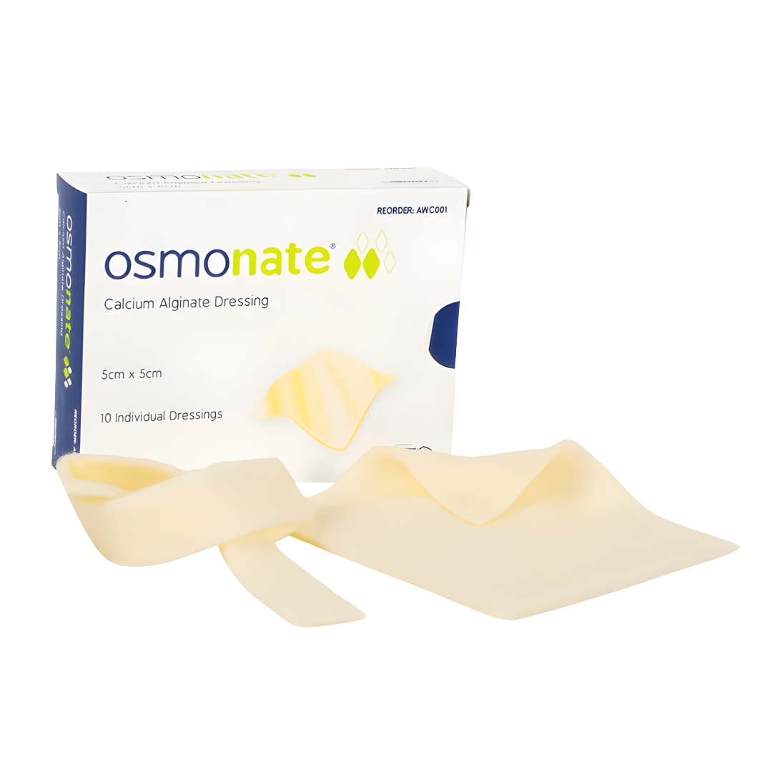 Osmonate Calcium Alginate Dressing absorbs exudate, forms gel, supports moist healing for wounds.