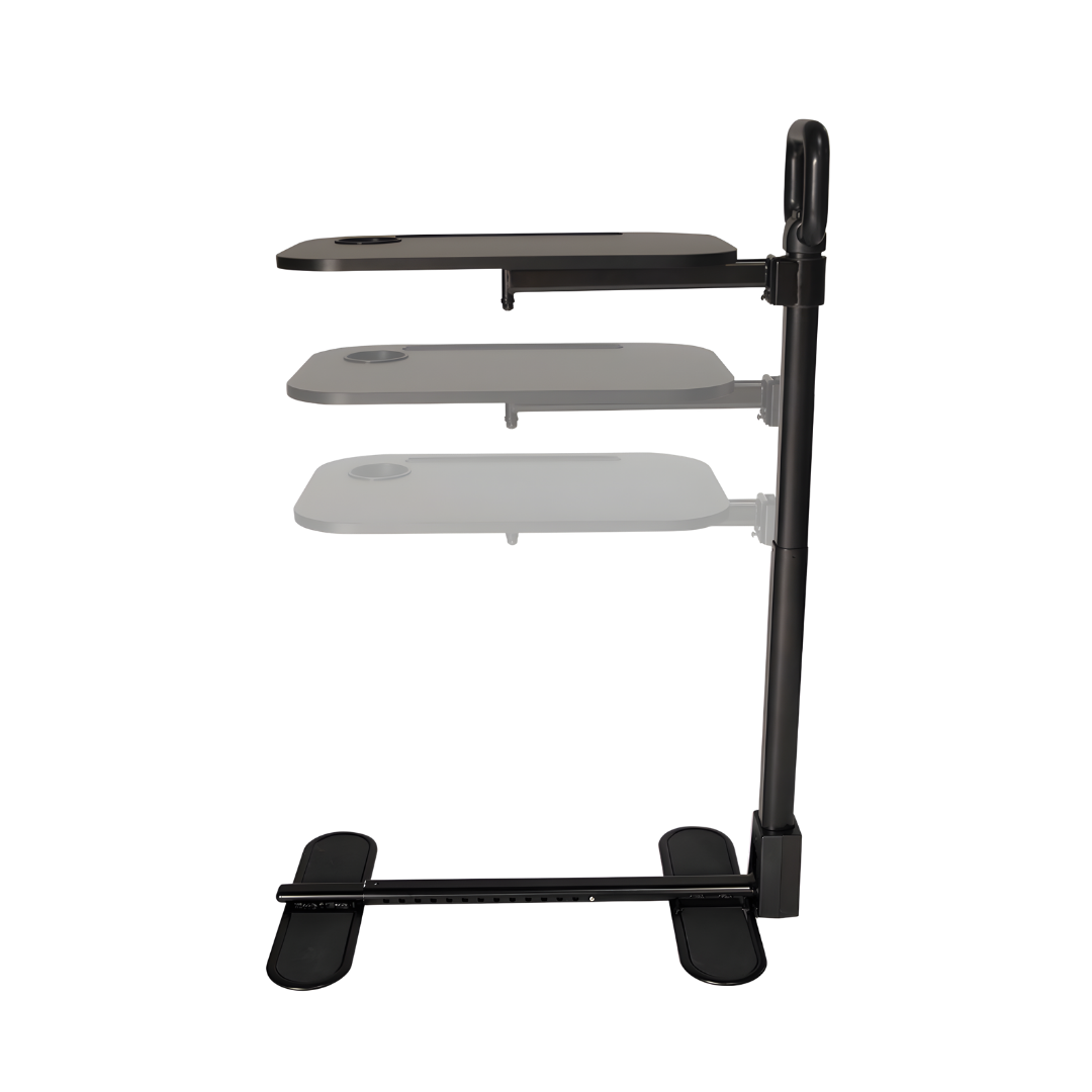 Over Bed/Chair Table in Ebony Black with swivel tabletop and adjustable support handle, designed for mobility support and daily living convenience.