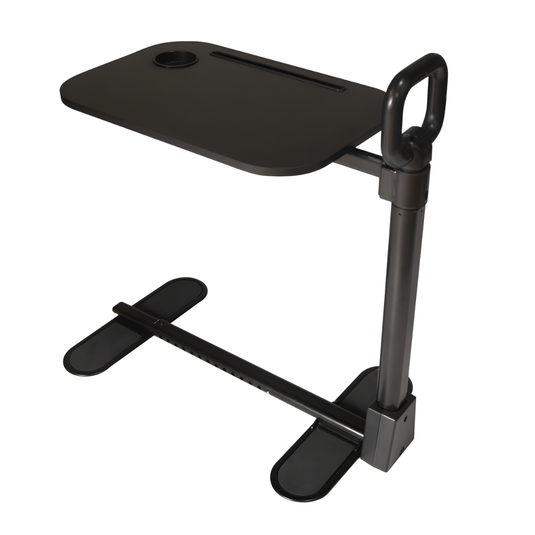 Over Bed/Chair Table in Ebony Black with swivel tabletop and adjustable support handle, designed for mobility support and daily living convenience.