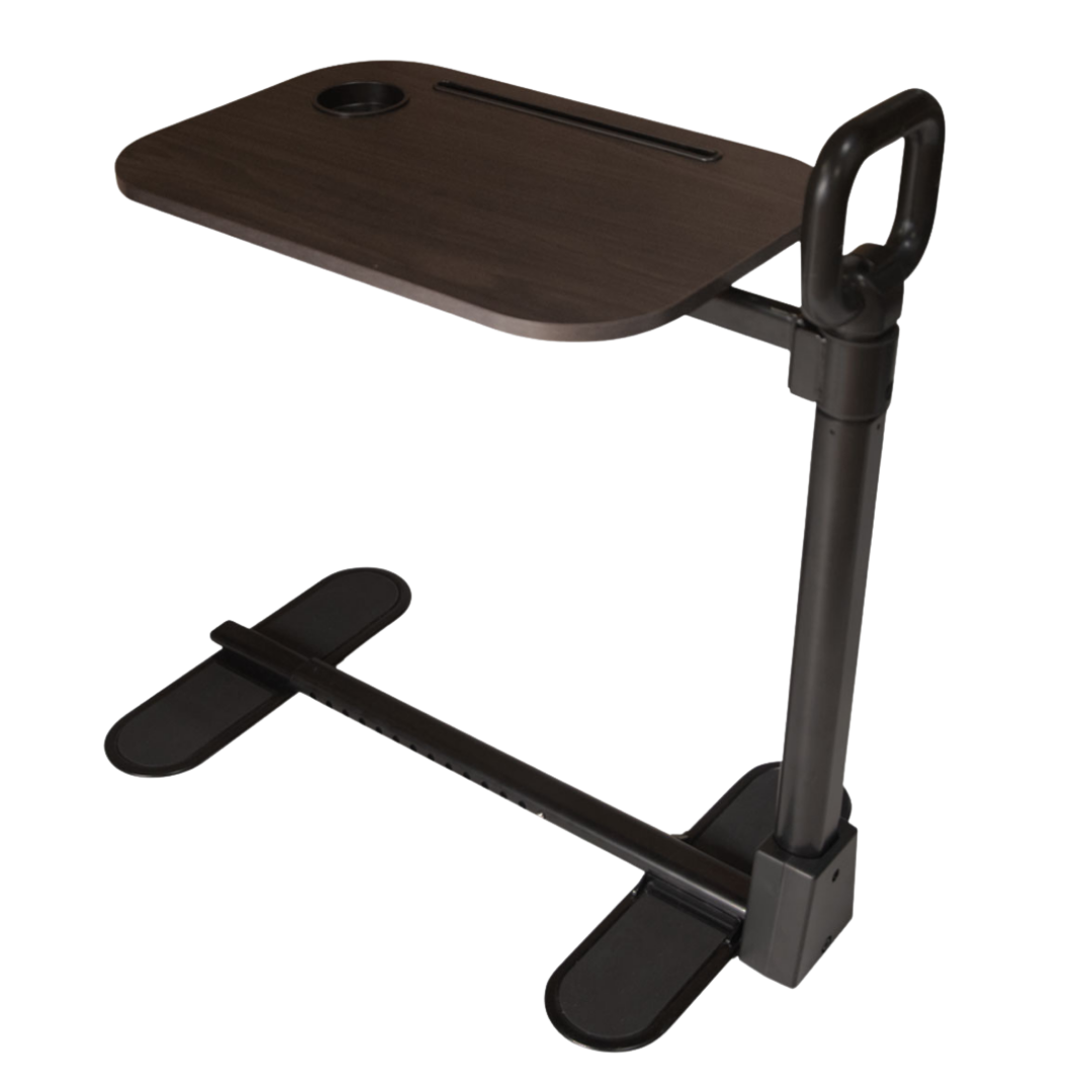 Over Bed/Chair Table in Ebony Black with swivel tabletop and adjustable support handle, designed for mobility support and daily living convenience.